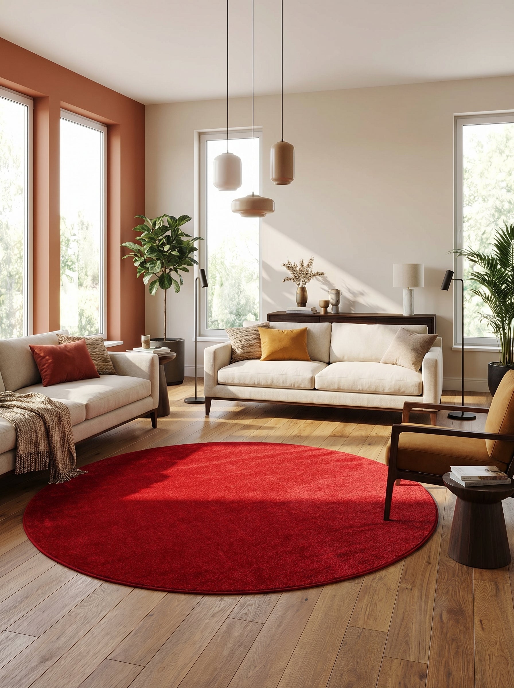 Tapis rond rouge intense et doux, sans motif, posé sur un plancher en bois clair dans un salon contemporain
