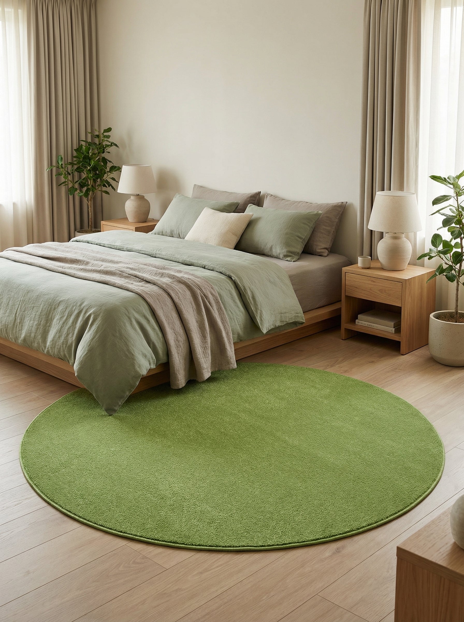 Tapis rond vert pomme uni à poils courts et doux, sur un parquet clair dans une chambre moderne et épurée
