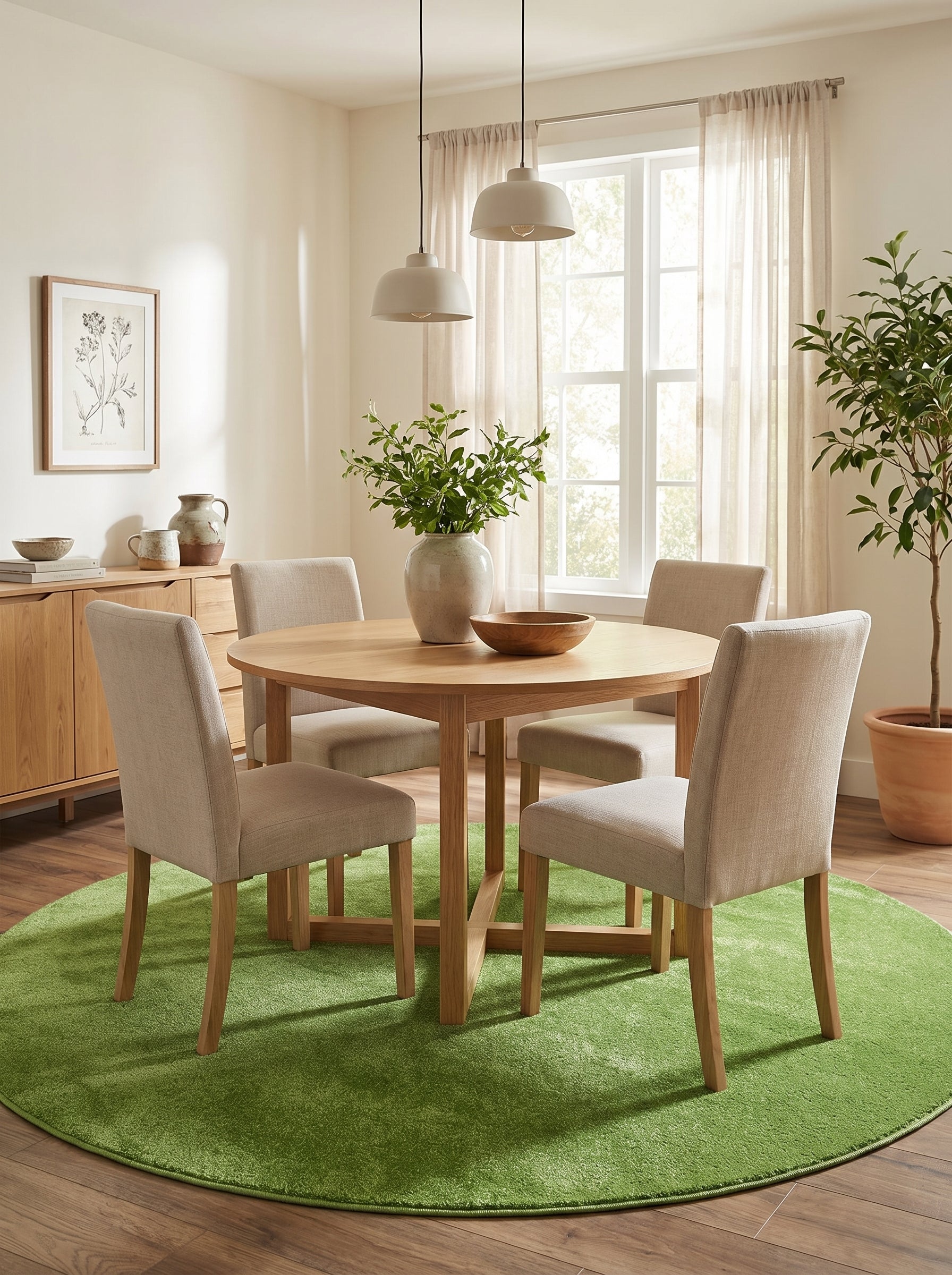 Tapis rond vert vif et uni à la texture douce, placé sous une table dans une salle à manger moderne