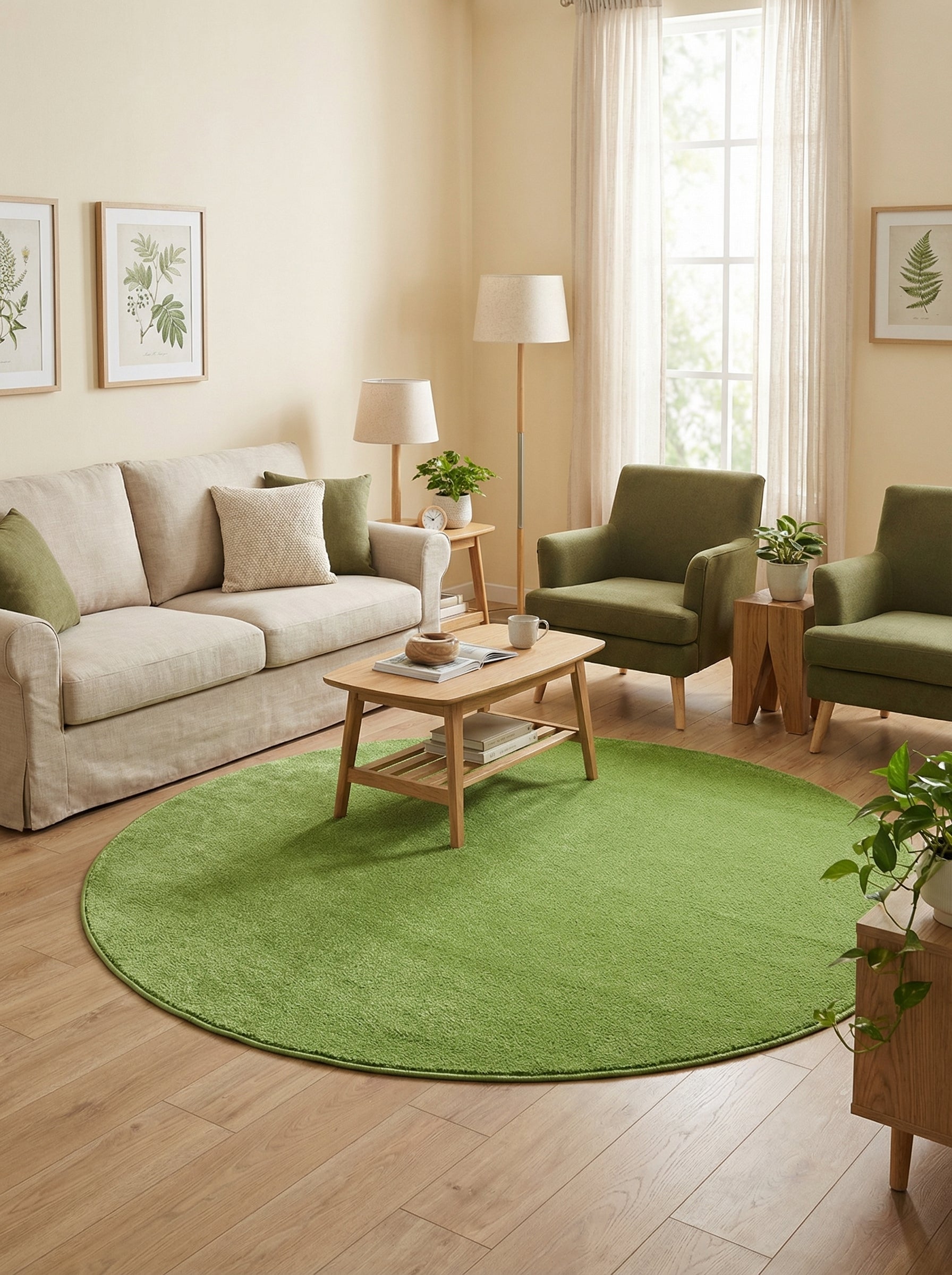 Tapis rond vert pomme uni et moelleux sur un plancher en bois clair, au centre d'un salon décoré