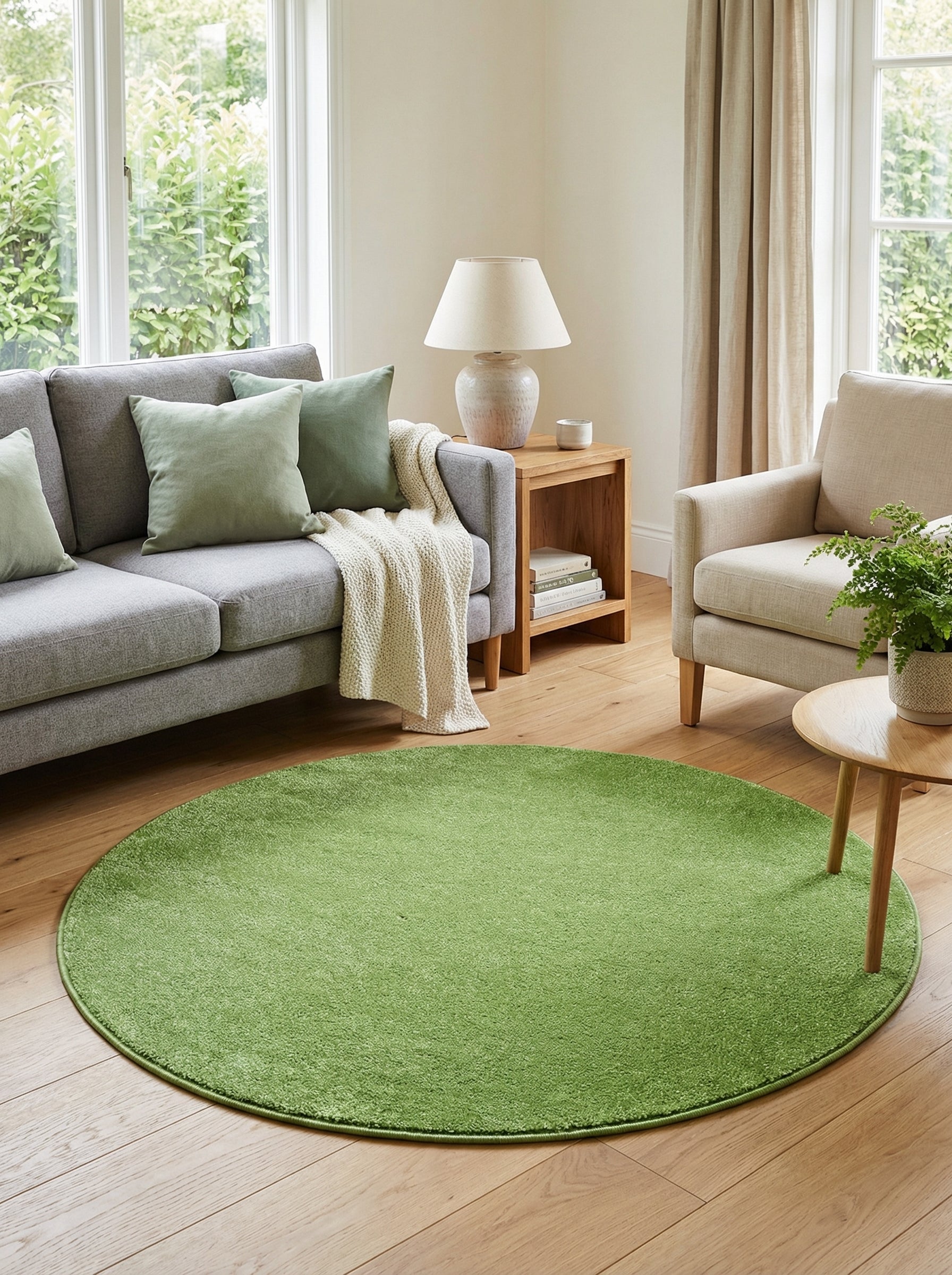 Tapis rond vert anis uni à poils longs posé sur un parquet clair dans un salon moderne et lumineux