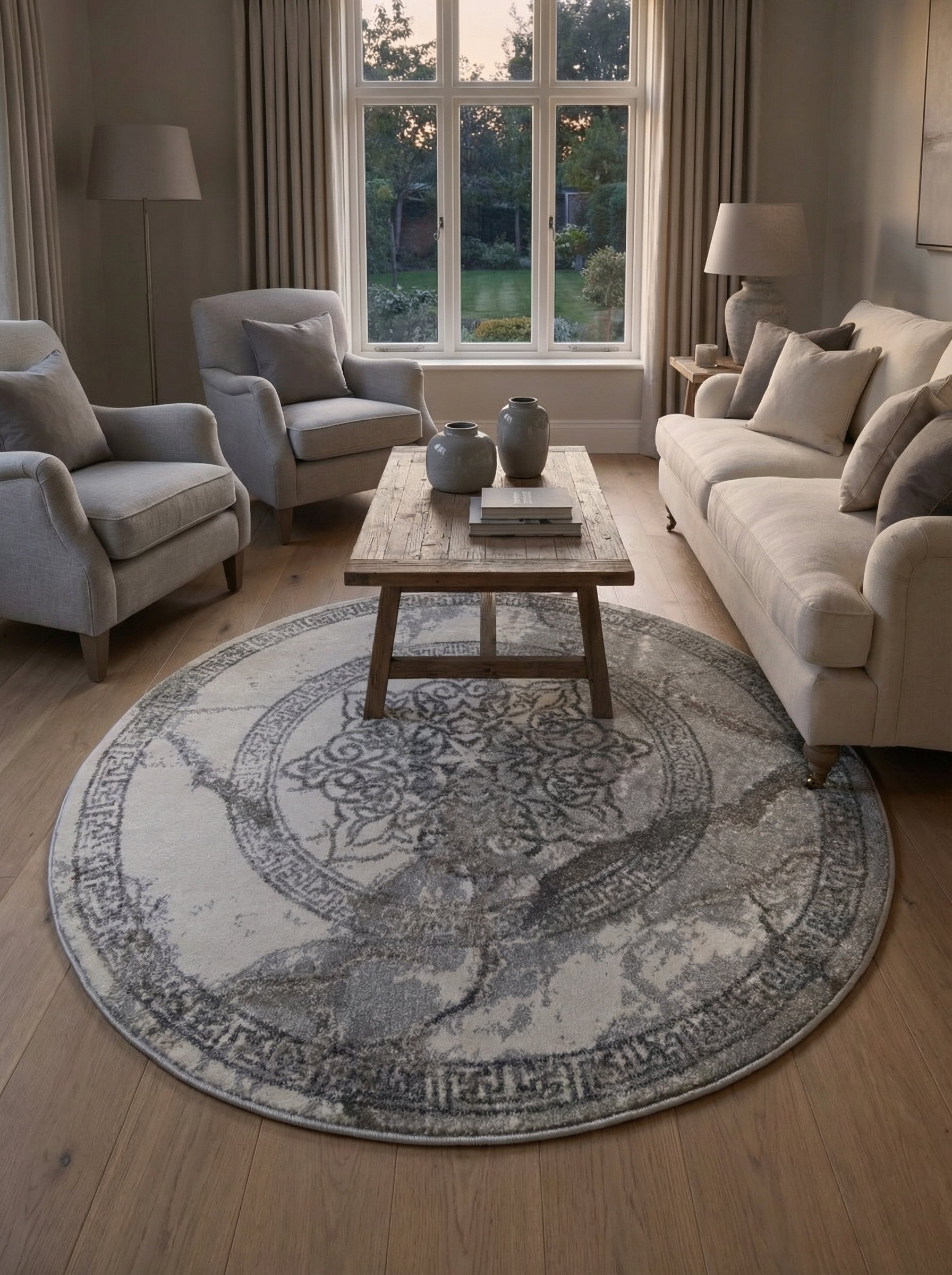 Tapis rond crème et gris, orné de motifs médaillon central et bordure géométrique à l'effet vieilli, posé dans un salon