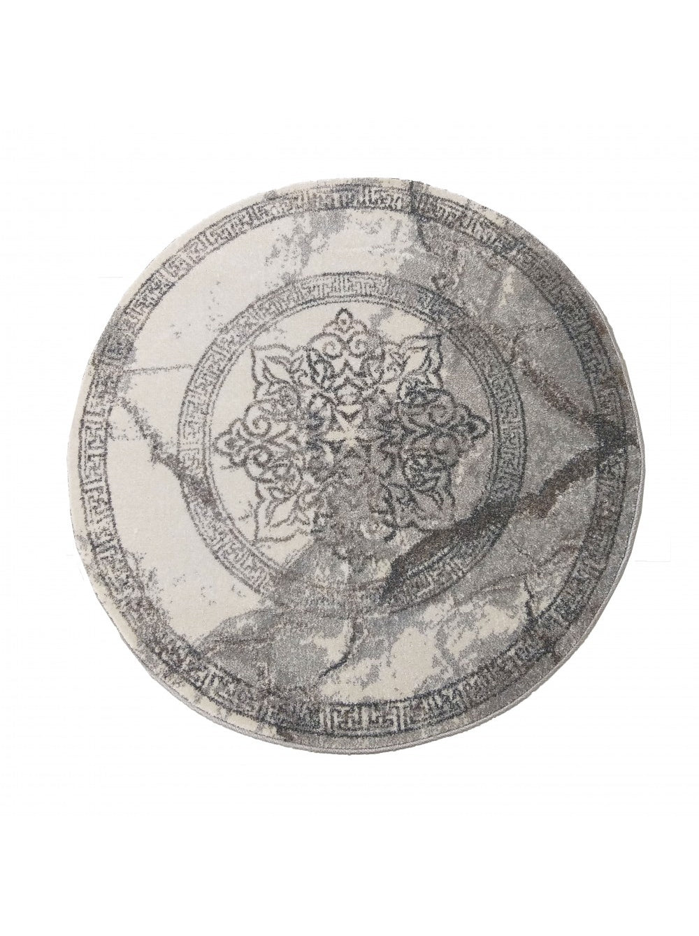 Tapis rond gris et crème avec un médaillon central orné et une bordure à motif grec sur un fond marbré