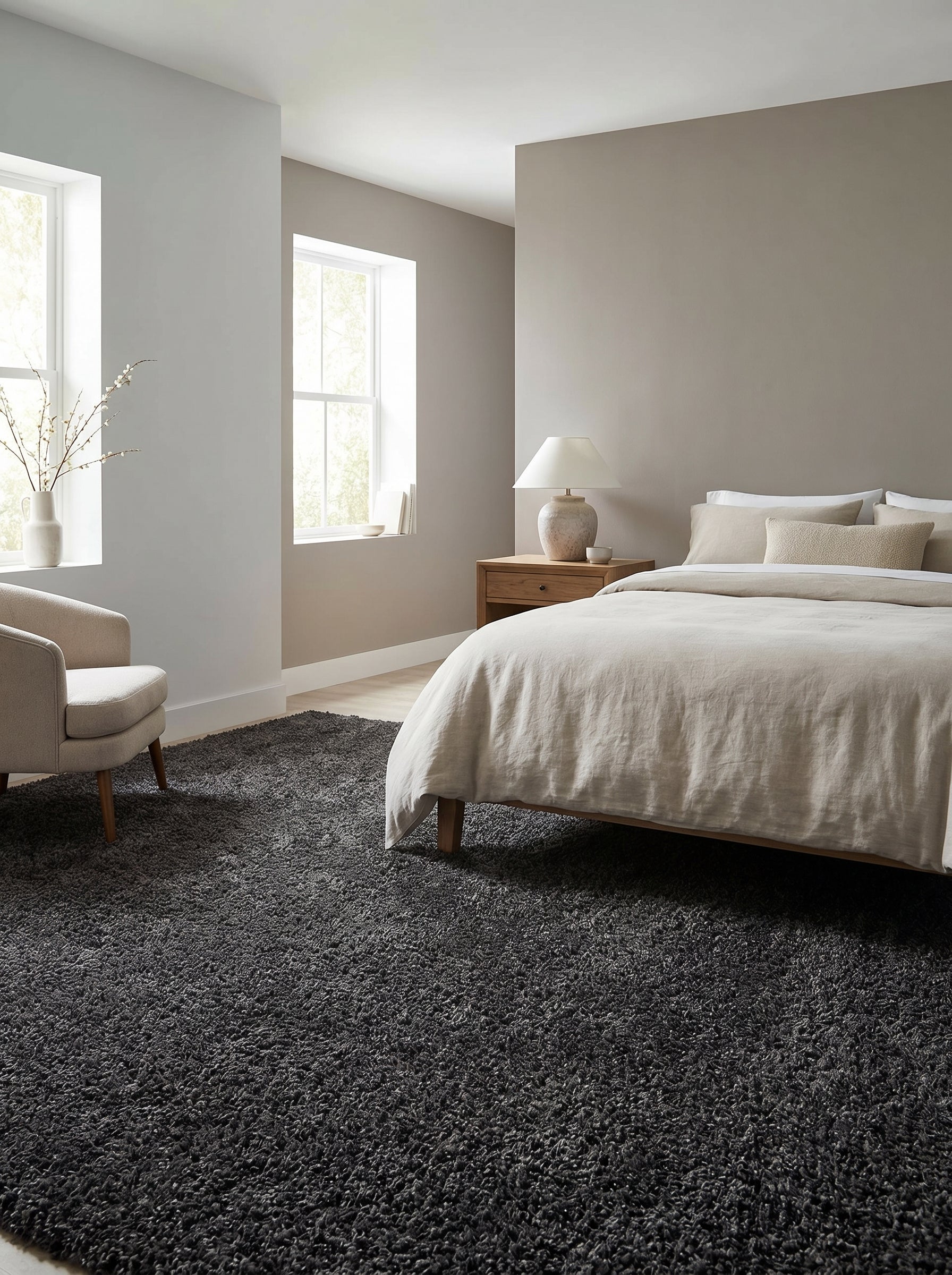 Tapis rectangulaire gris foncé à poils longs et aspect chiné, recouvrant le sol d'une chambre lumineuse