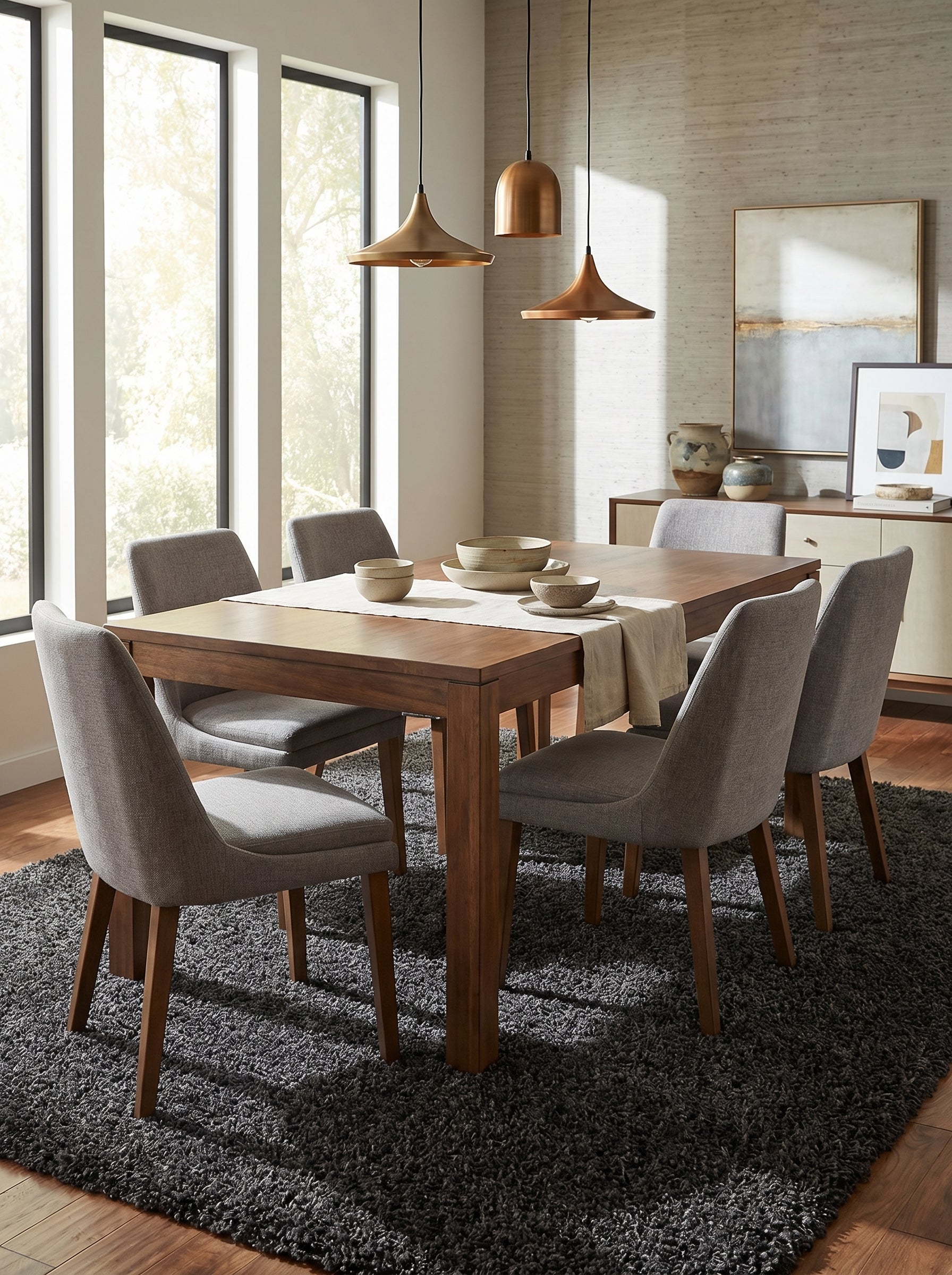 Tapis rectangulaire gris anthracite à poils longs et texture douce, sous une table de salle à manger en bois