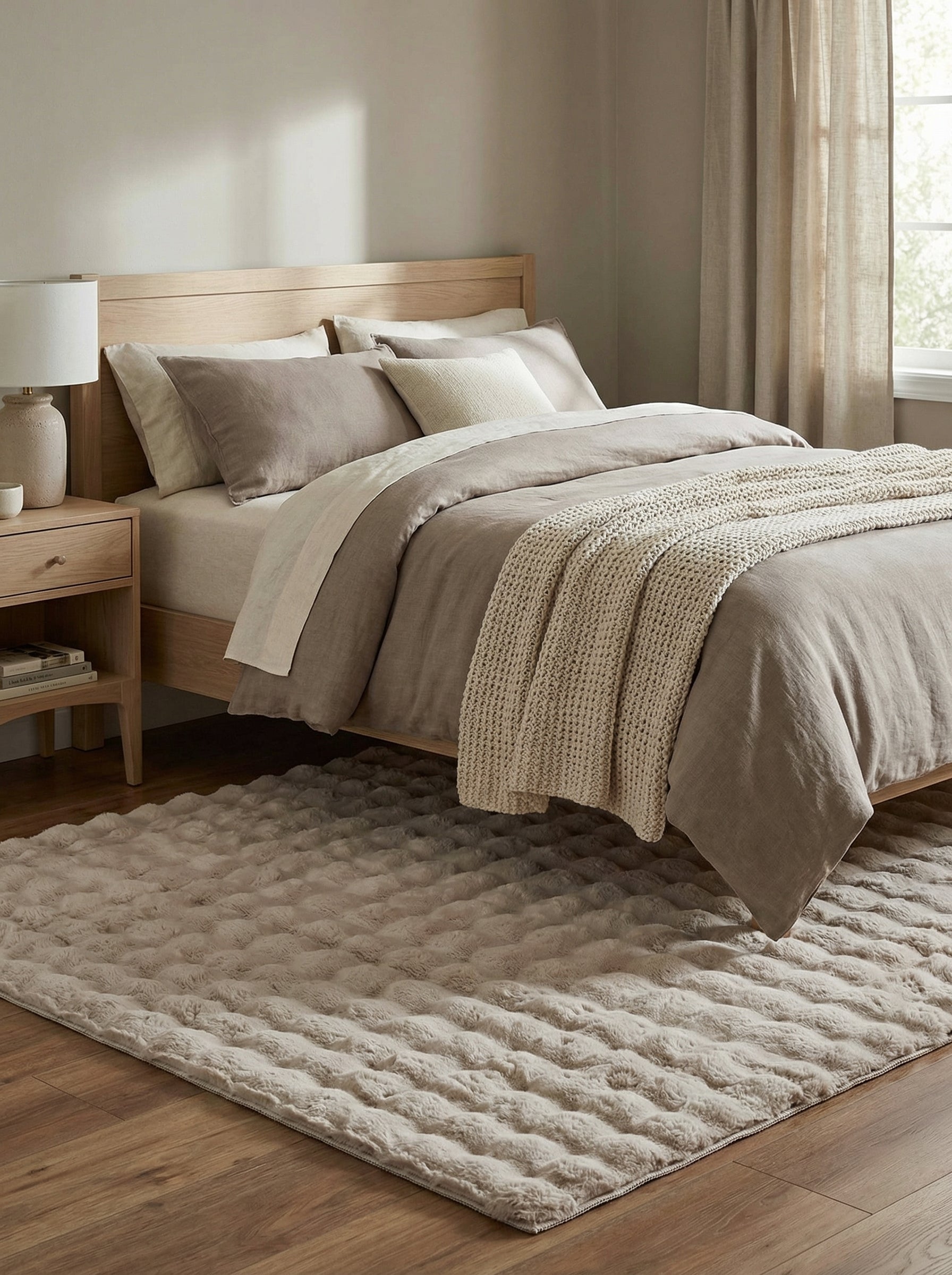 Tapis rectangulaire beige clair très doux et moelleux avec des motifs texturés en vagues, posé sur un parquet dans une chambre