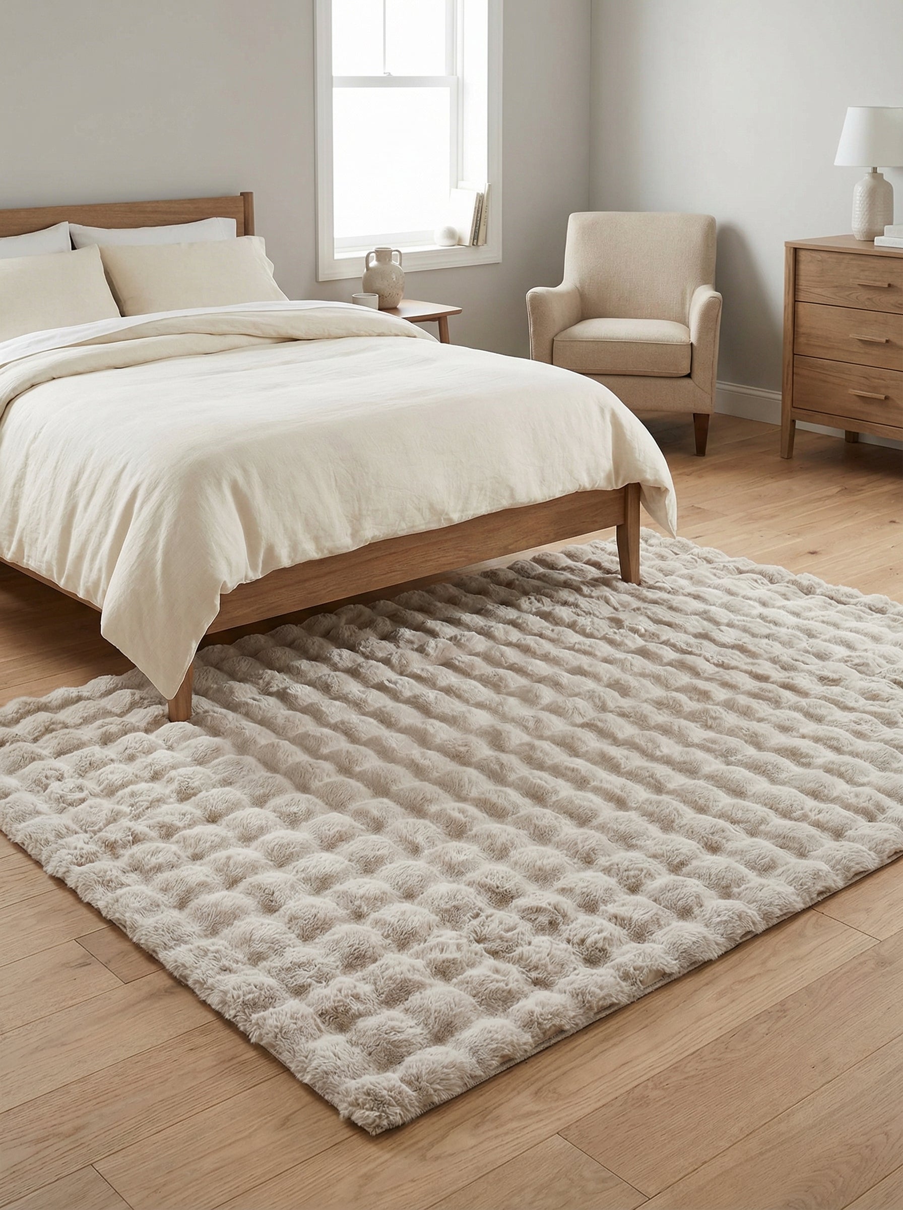 Grand tapis rectangulaire beige crème avec des motifs en relief et une texture douce et duveteuse dans une chambre lumineuse