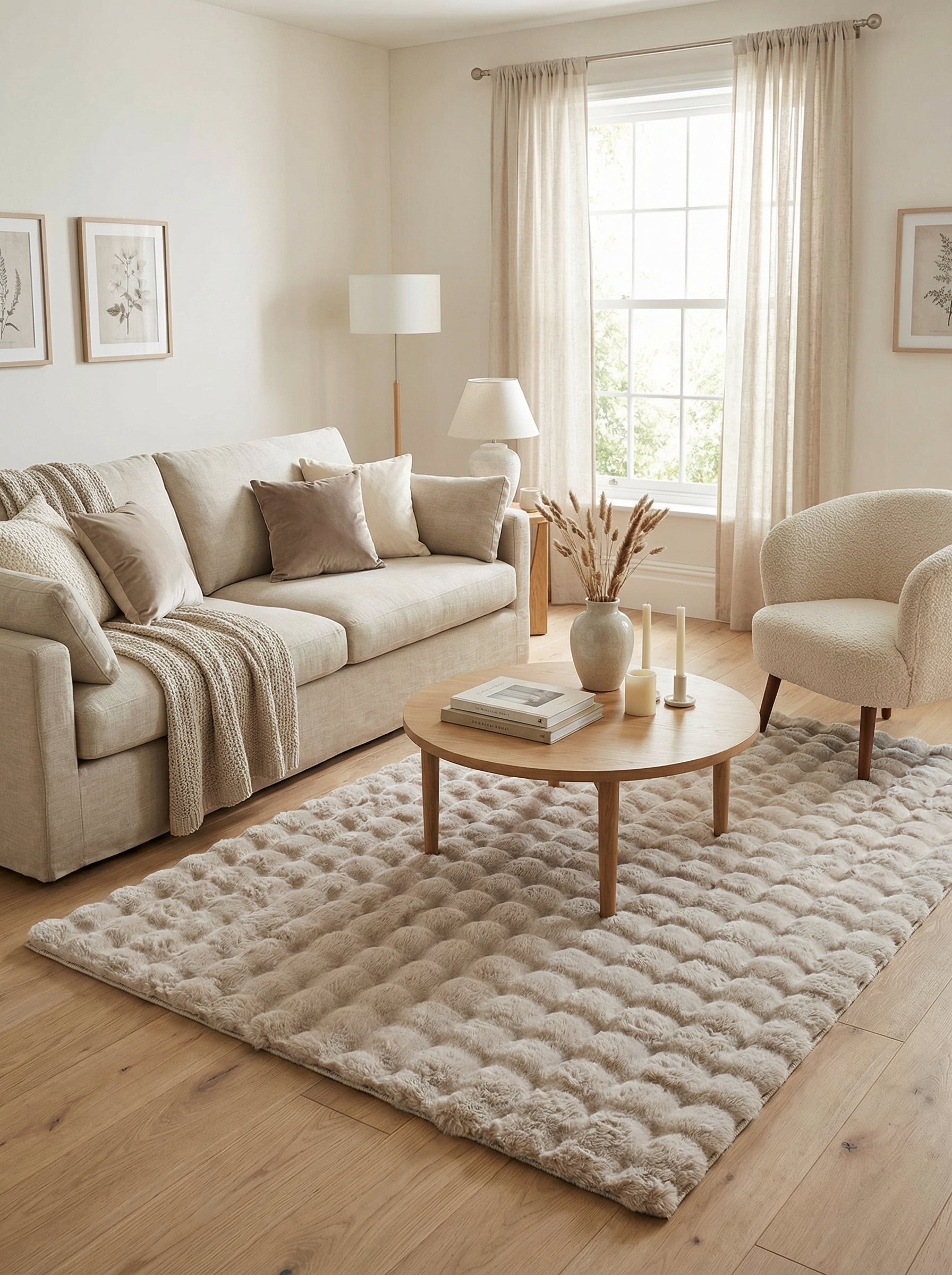 Tapis rectangulaire beige clair, moelleux, à motifs de dômes en relief, sur un parquet en bois clair dans un salon
