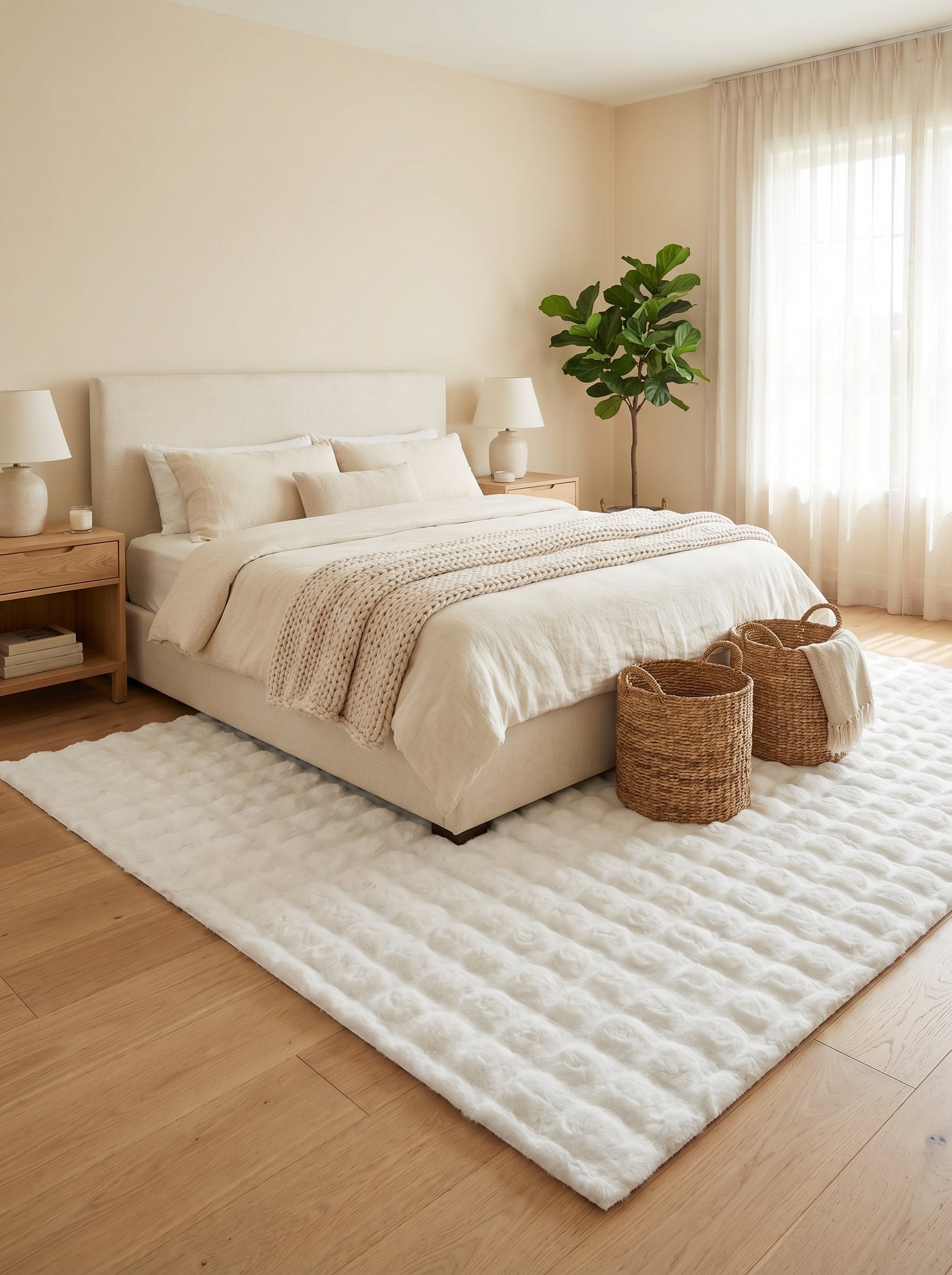Tapis rectangulaire blanc et moelleux avec des motifs texturés en relief, posé sur un parquet clair dans une chambre lumineuse