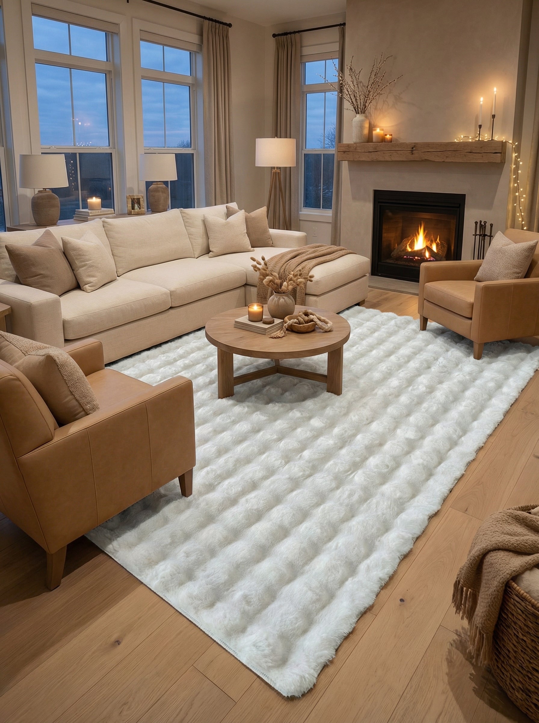 Grand tapis rectangulaire blanc crème à texture moelleuse et côtelée sur un plancher en bois, dans un salon moderne et chaleureux
