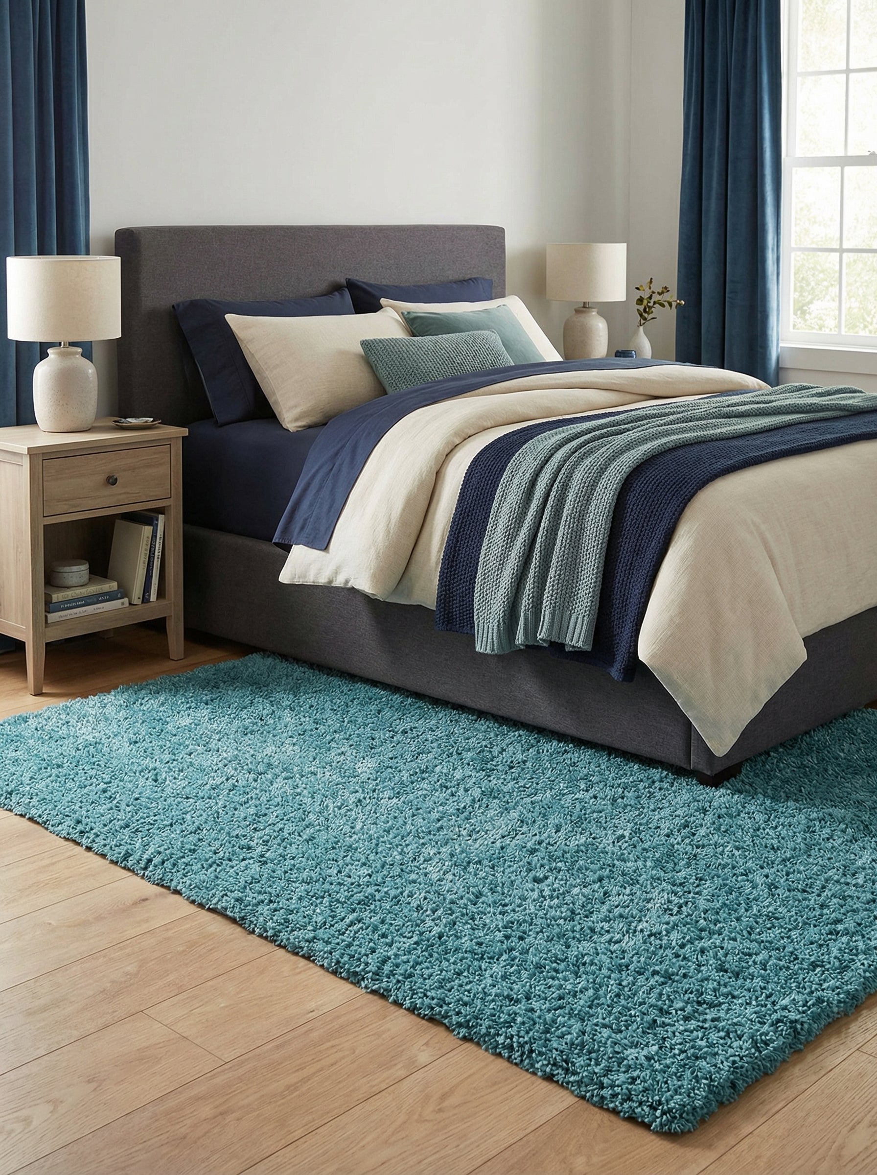 Grand tapis shaggy rectangulaire turquoise aux poils longs et moelleux, posé sur un parquet clair dans une chambre à coucher