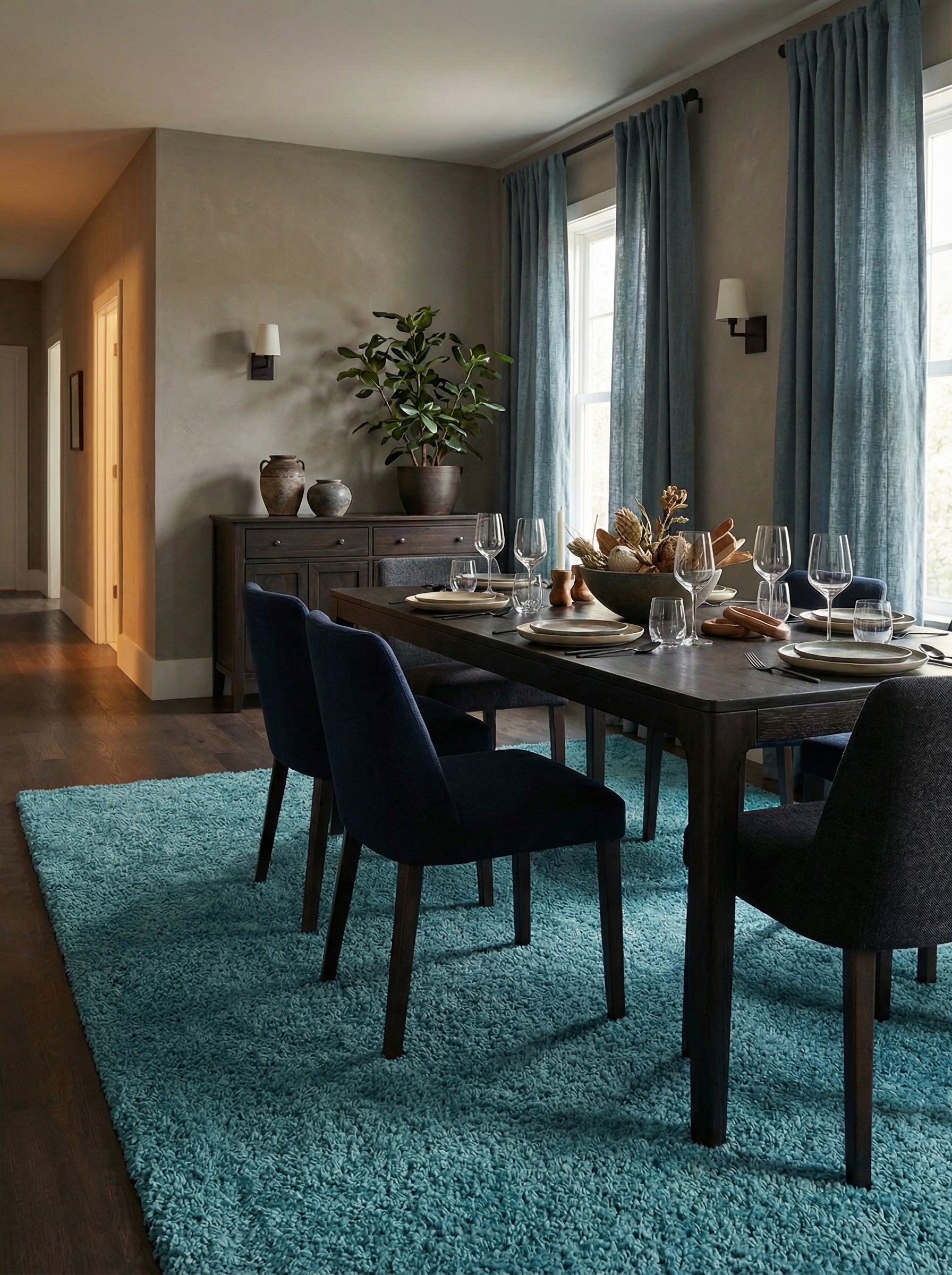 Tapis rectangulaire à poils longs bleu sarcelle posé sur un parquet, sous une table de salle à manger meublée