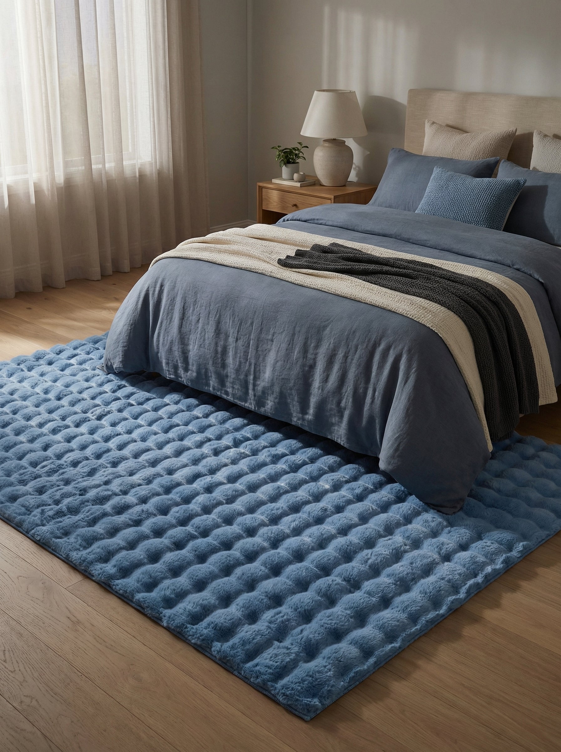 Tapis bleu ciel rectangulaire et moelleux avec un motif texturé en relief de bulles, égayant une chambre à coucher lumineuse