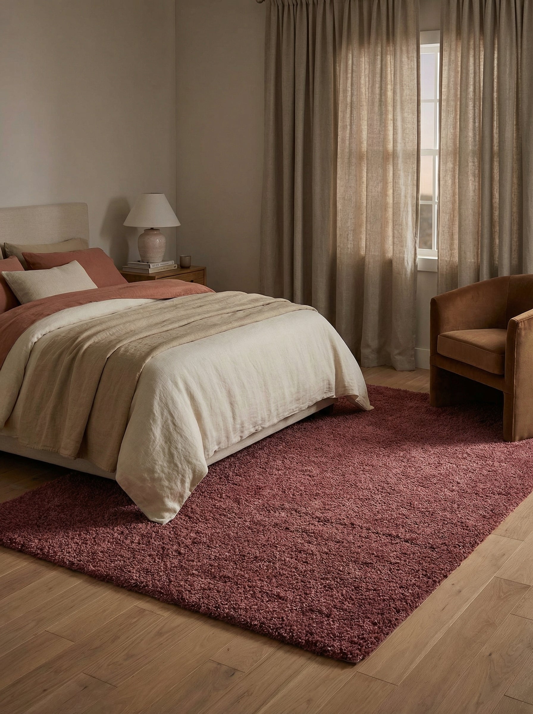 Tapis shaggy moelleux couleur vieux rose posé sur un parquet en bois clair, dans une chambre aux tons naturels