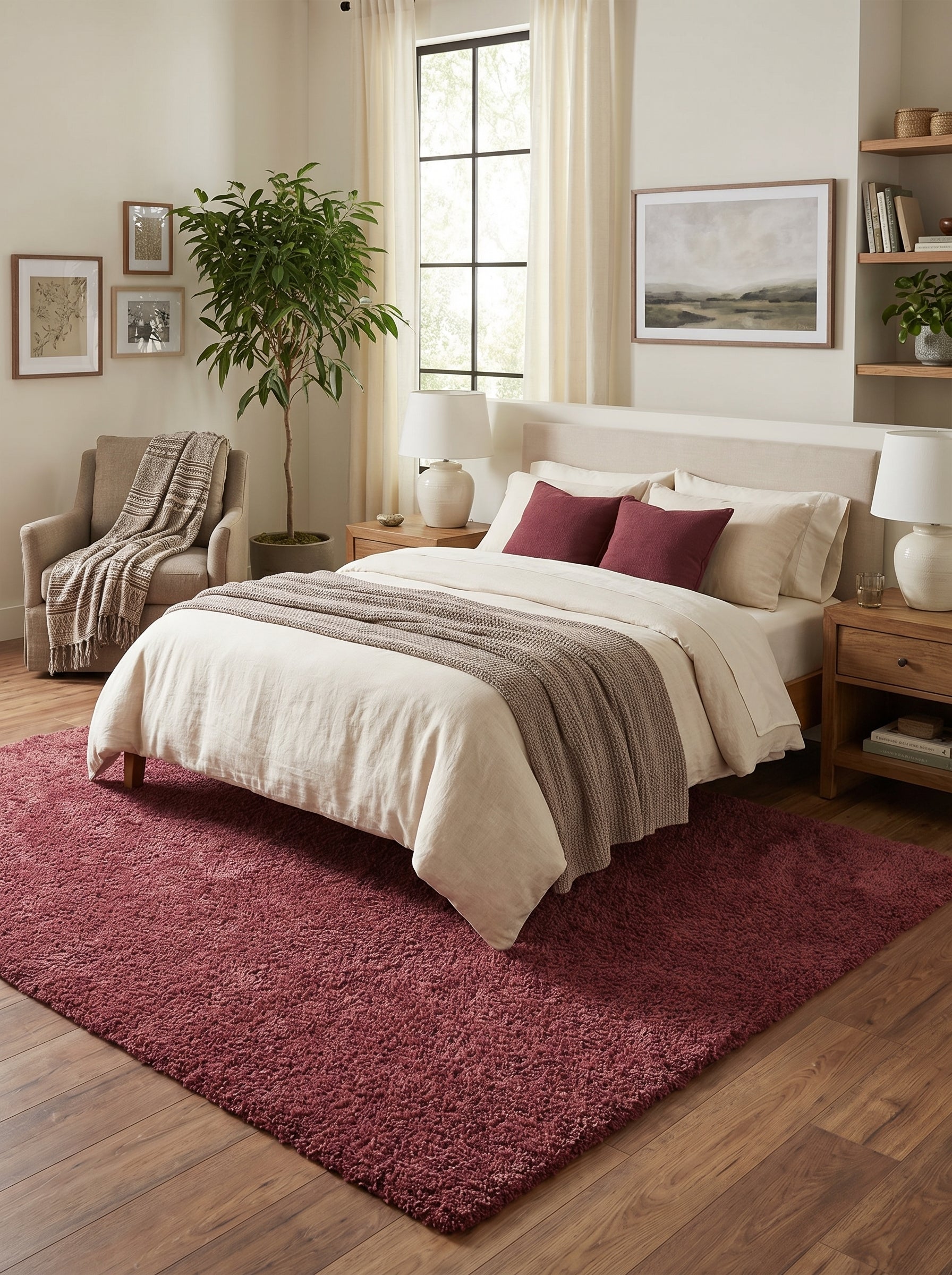 Tapis rectangulaire à poils longs couleur framboise recouvrant une partie du sol en bois clair d'une chambre décorée