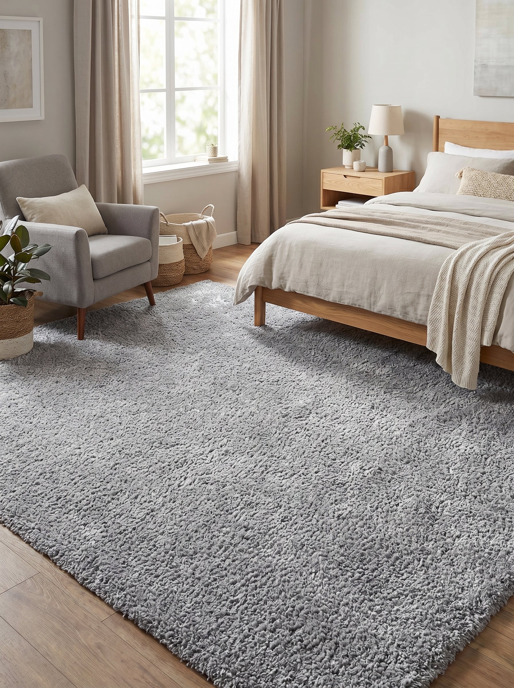 Grand tapis gris clair à poils longs recouvrant la majeure partie du sol d'une chambre moderne et lumineuse