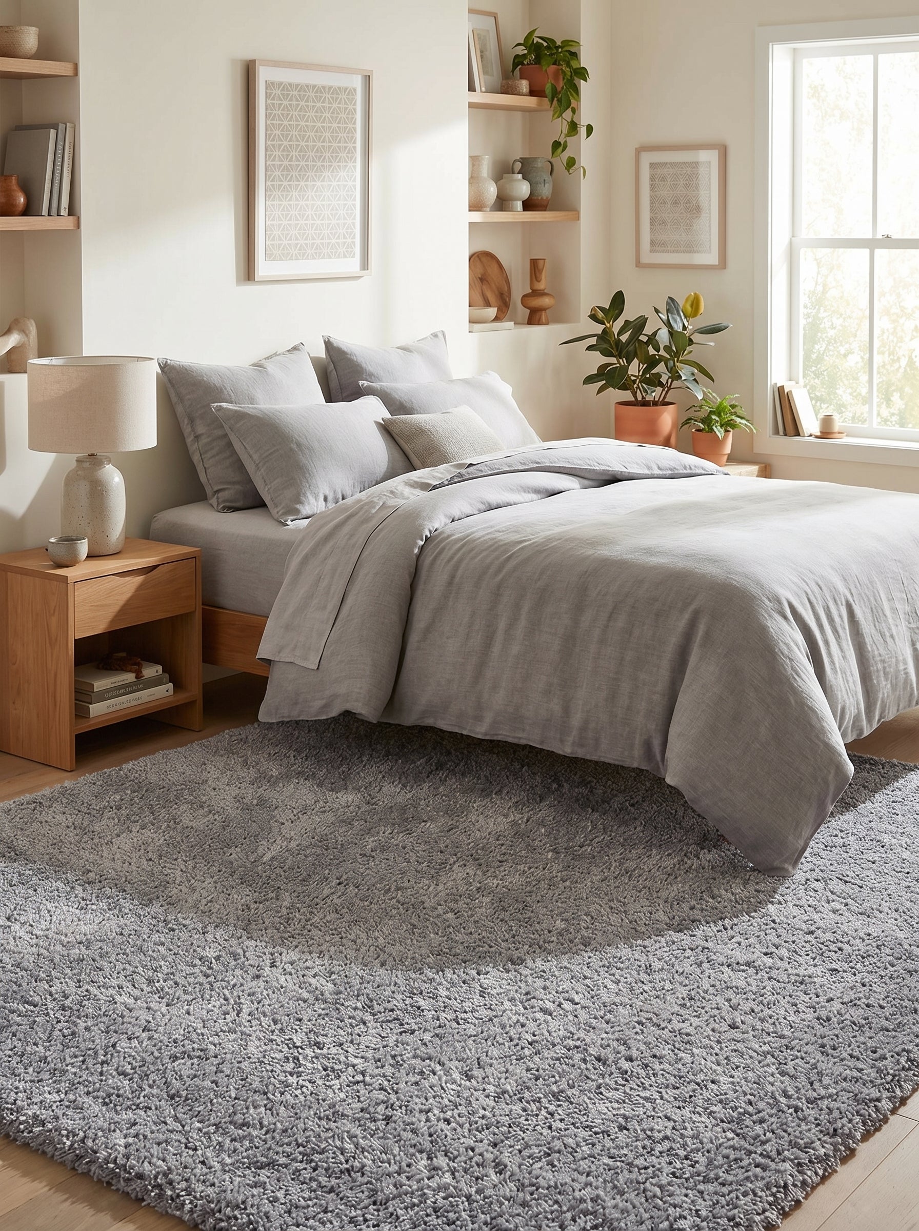 Tapis rectangulaire gris clair à poils longs et texture shaggy posé sur un parquet en bois clair dans une chambre