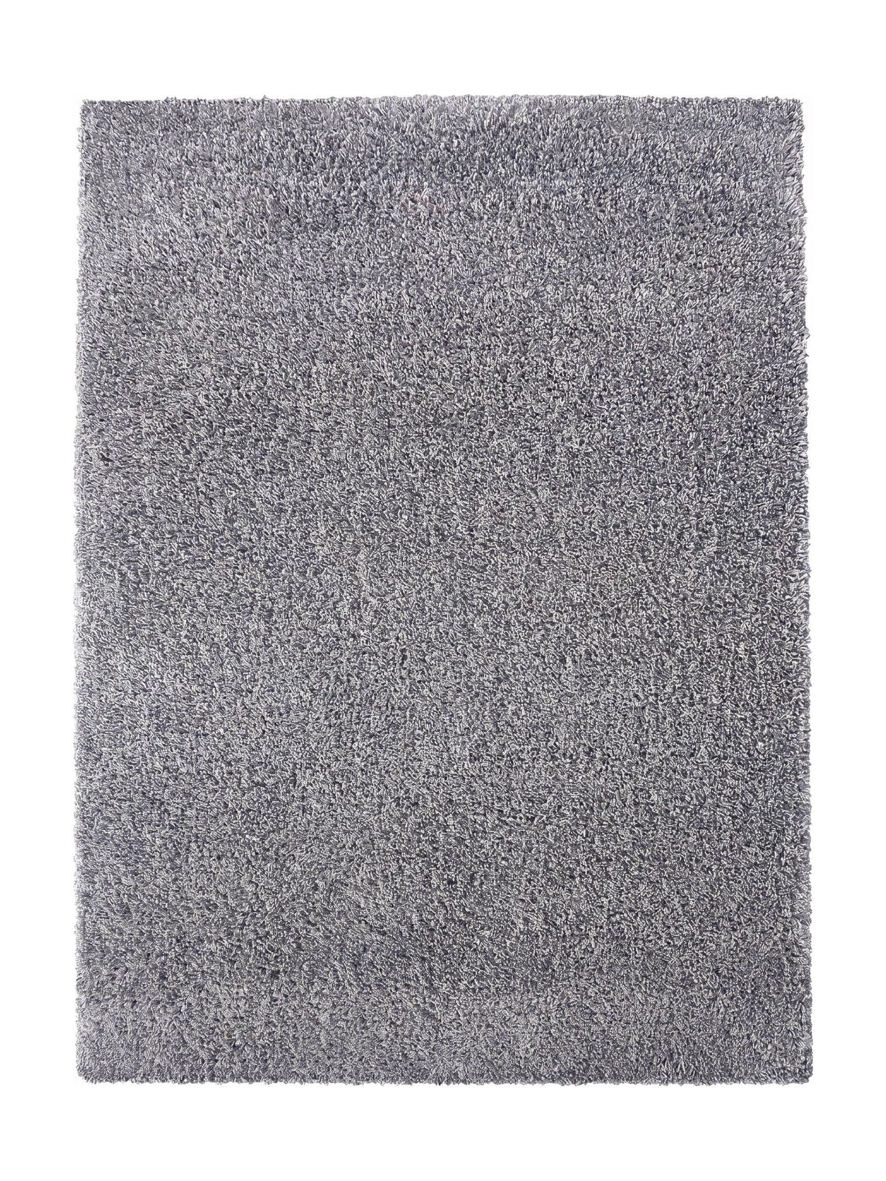 Tapis rectangulaire gris aux poils longs et épais, offrant une texture moelleuse et douce