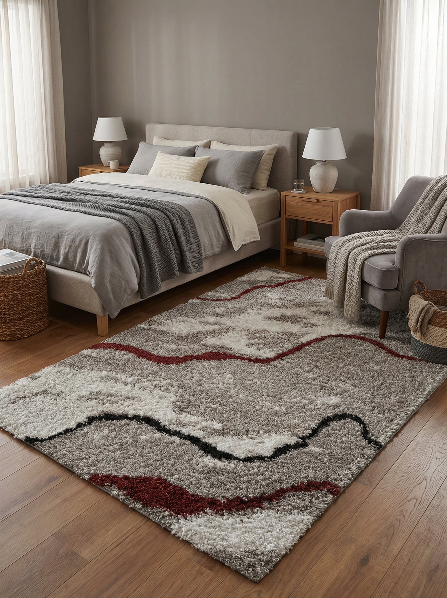 Tapis rectangulaire à poils longs, gris, blancs, rouges bordeaux et noirs, motifs abstraits ondulés, dans une chambre