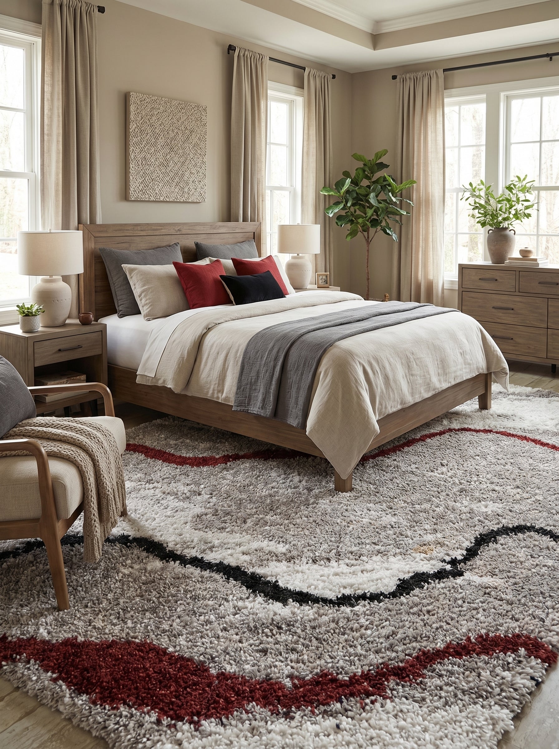 Grand tapis à poils longs gris, blanc, noir et rouge bordeaux avec motifs abstraits ondulants, dans une chambre élégante