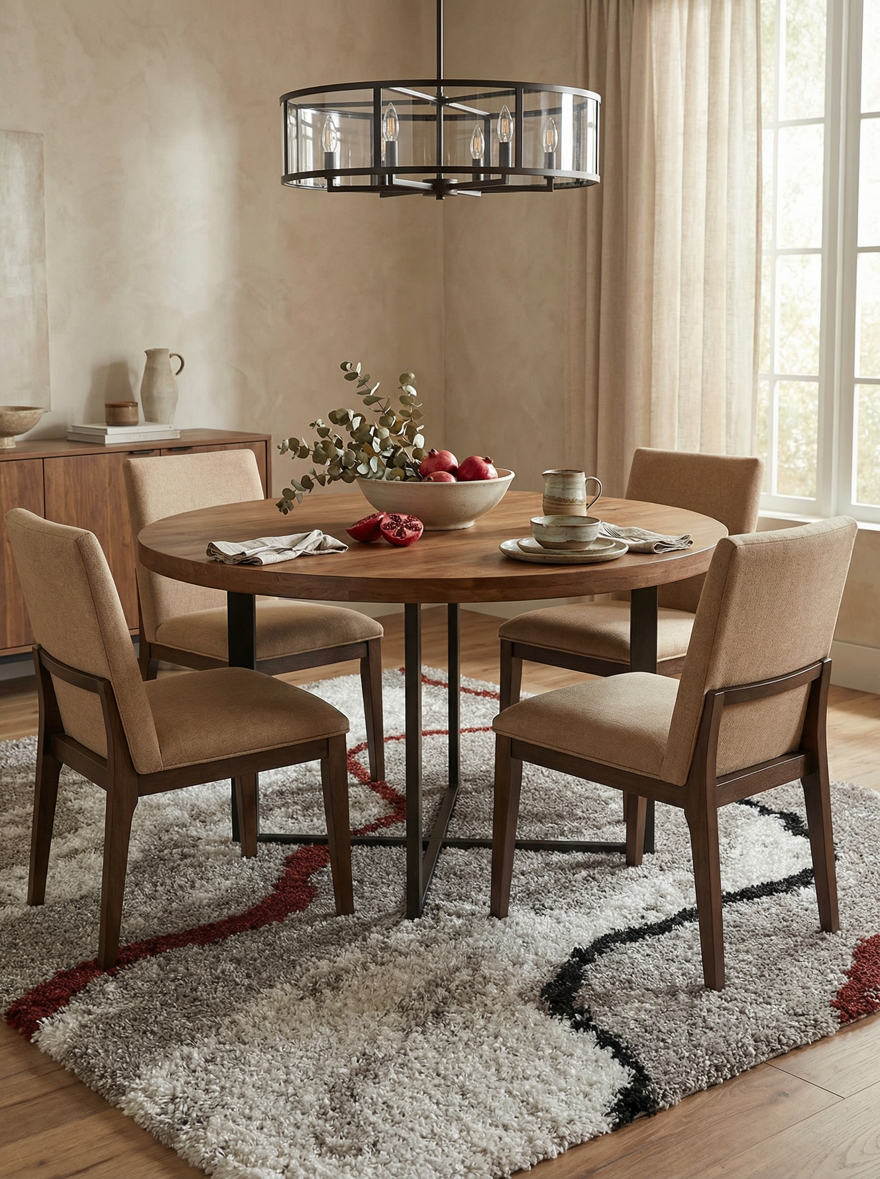 Tapis shaggy à motifs abstraits et ondulés en gris clair, gris foncé, noir et rouge brique sous une table à manger dans un salon
