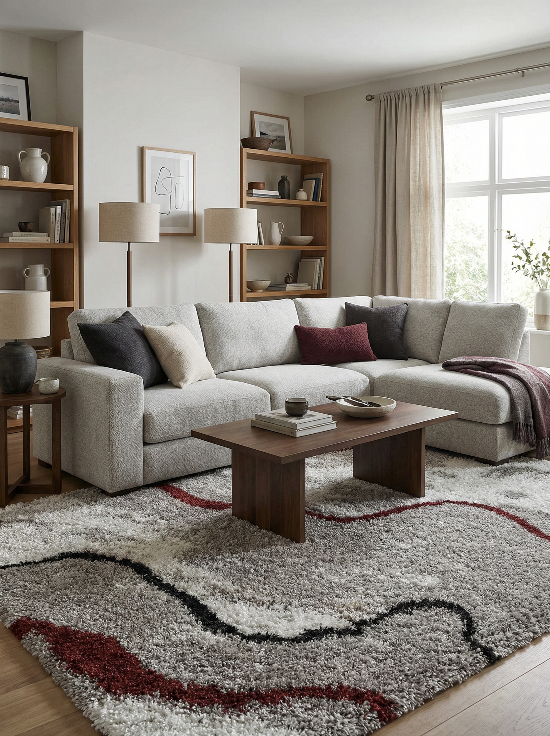 Tapis rectangulaire à poils longs gris, blanc, noir et bordeaux avec motifs ondulés abstraits, posé dans un salon moderne