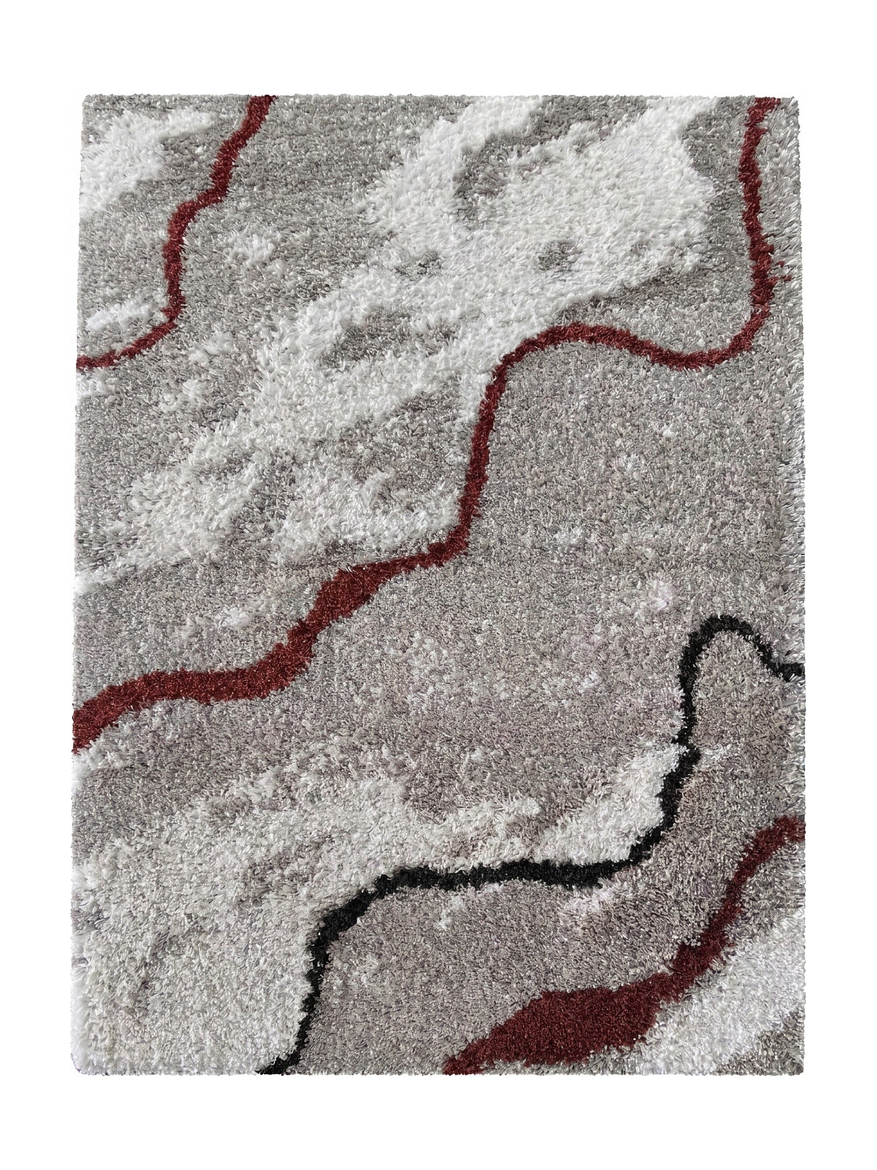 Tapis moelleux aux poils longs gris et blancs, orné de motifs abstraits ondulés bordeaux et noirs