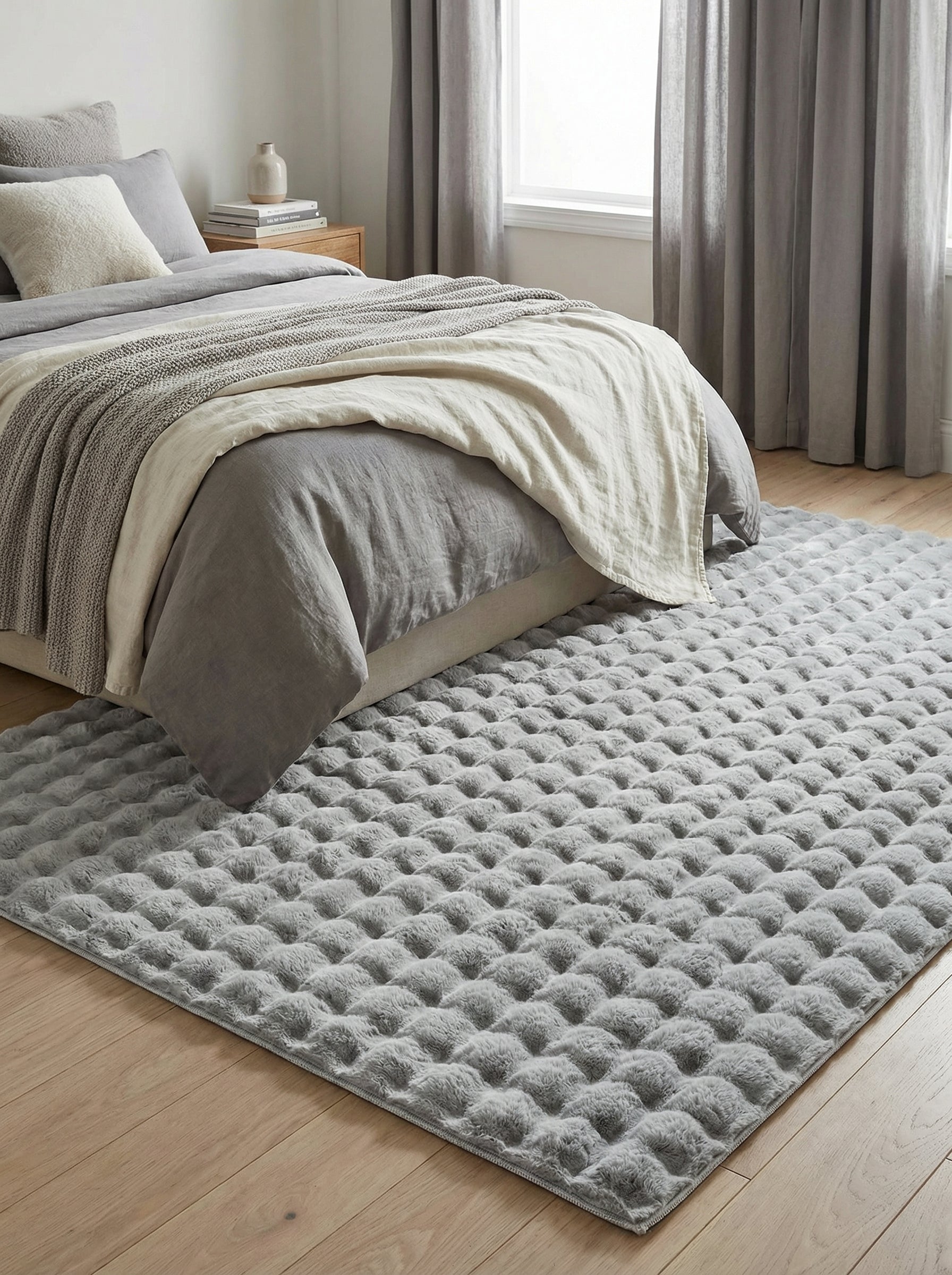 Tapis gris rectangulaire moelleux avec un motif matelassé en relief sur un parquet clair dans une chambre