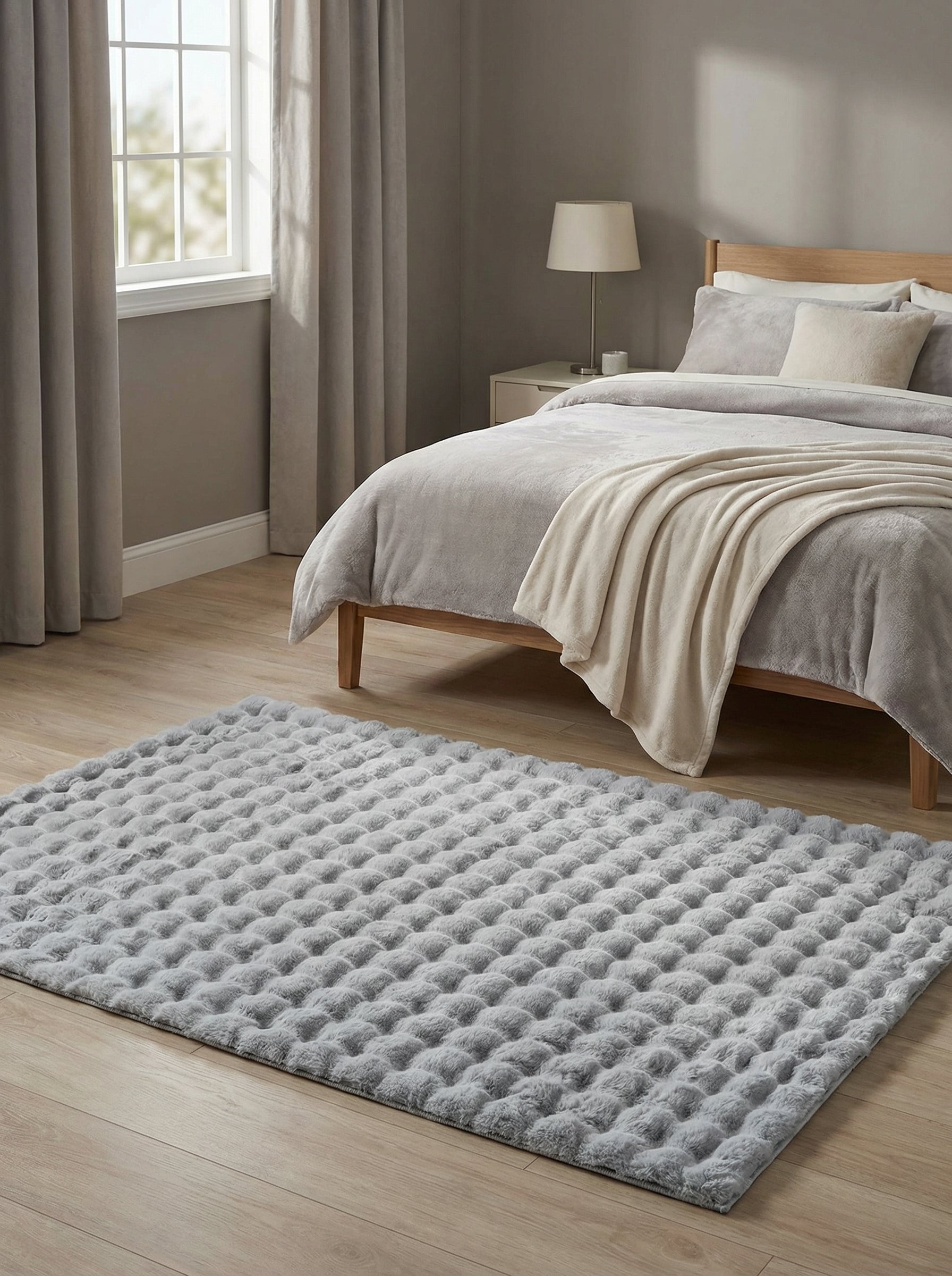 Tapis rectangulaire gris clair en fausse fourrure douce avec des motifs en relief gaufrés, posé sur un parquet en bois dans une chambre