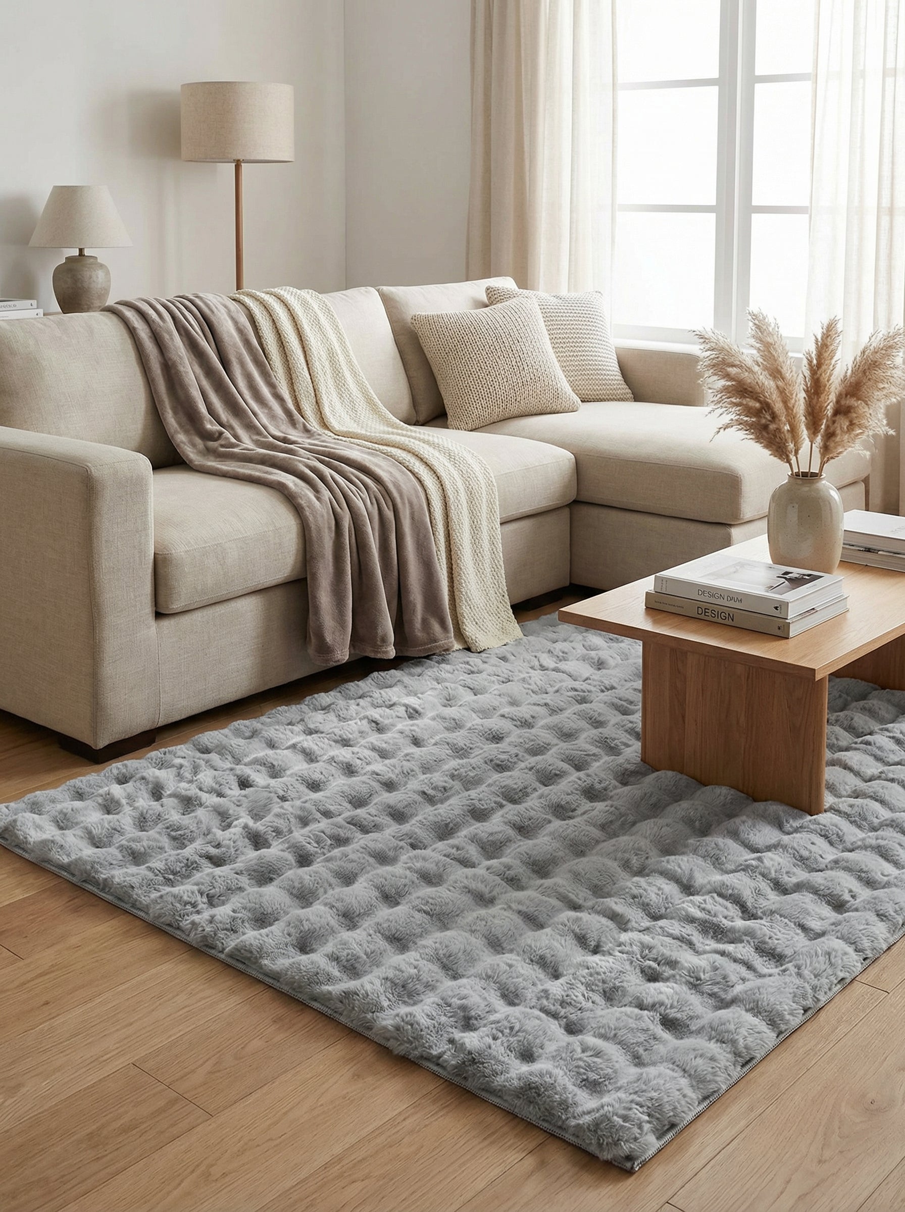 Grand tapis rectangulaire gris clair, doux et pelucheux, avec des motifs géométriques en relief, posé sur un parquet dans un salon