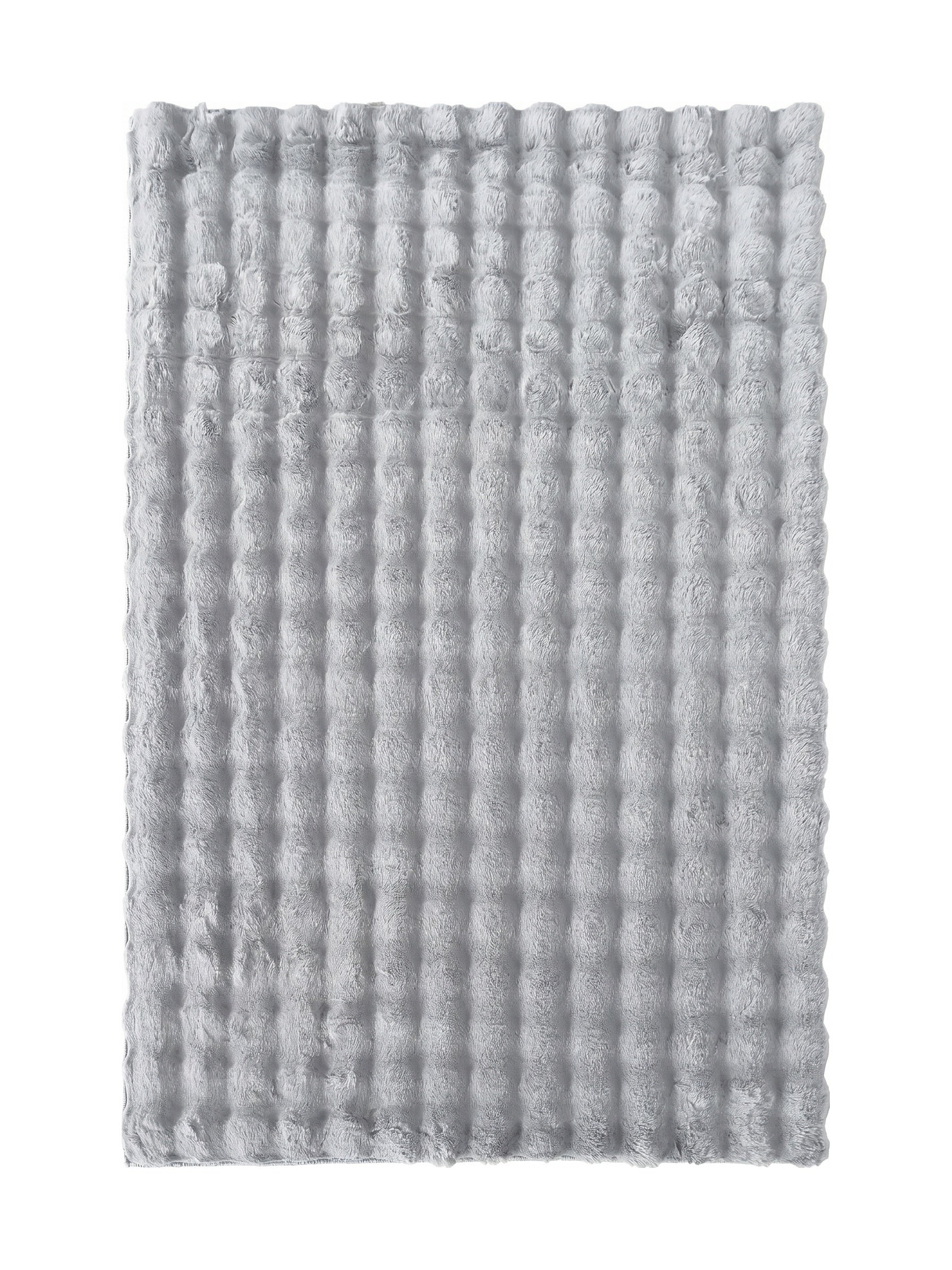 Tapis gris clair et duveteux, orné d'un motif texturé de rangées de formes arrondies et moelleuses