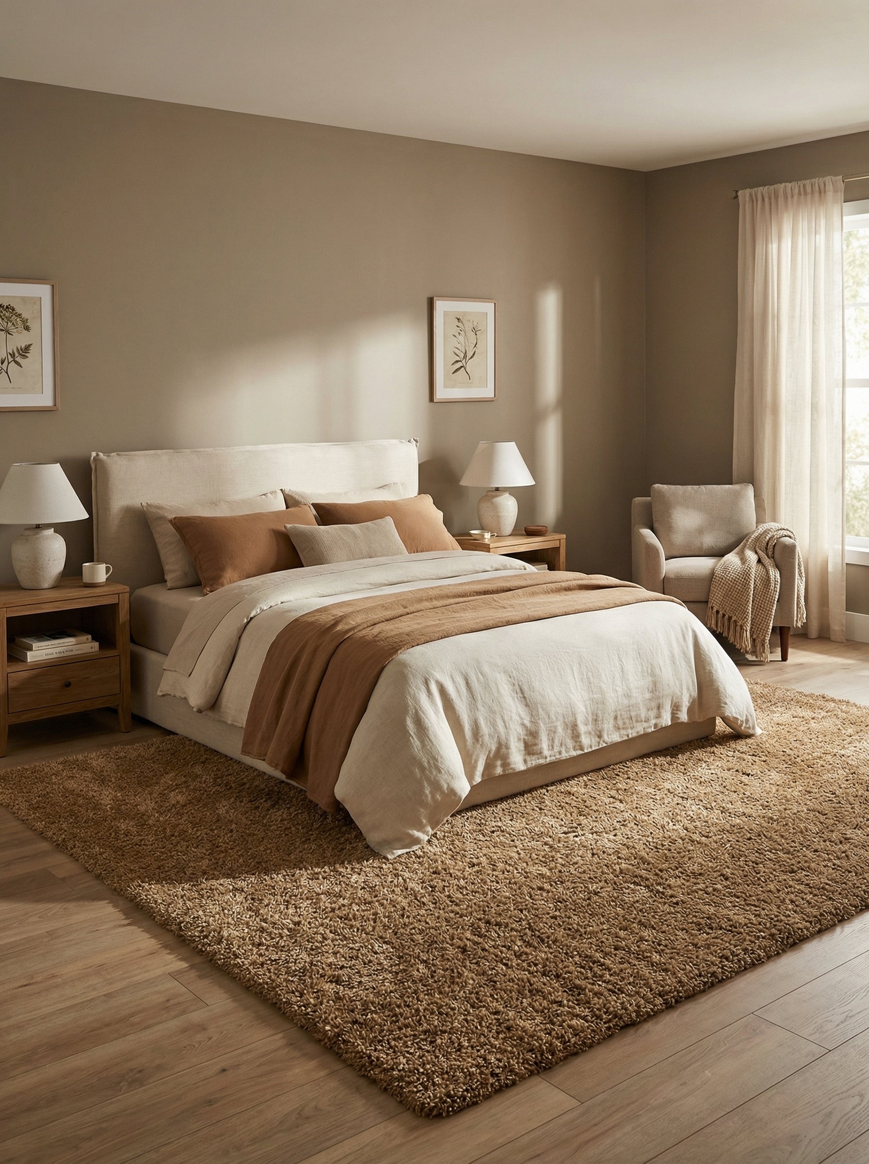 Grand tapis rectangulaire à poils longs brun clair et moelleux, posé sous un lit dans une chambre moderne