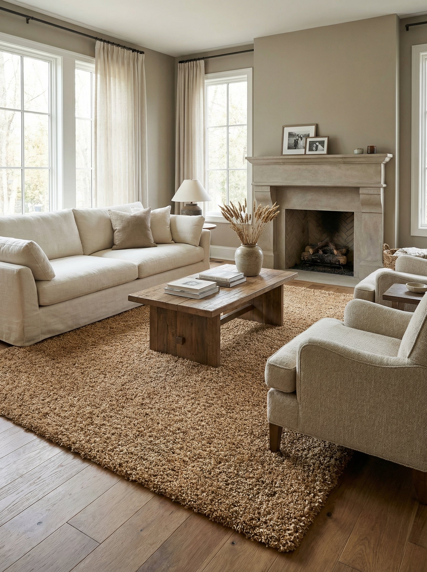 Tapis rectangulaire à poils longs marron clair et beige, très moelleux, posé au centre d'un salon décoré