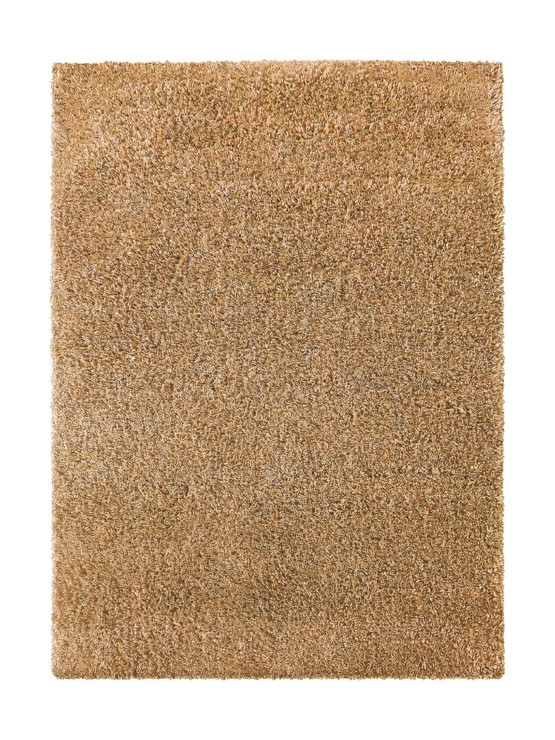 Tapis rectangulaire shaggy de couleur camel, avec une texture dense et moelleuse