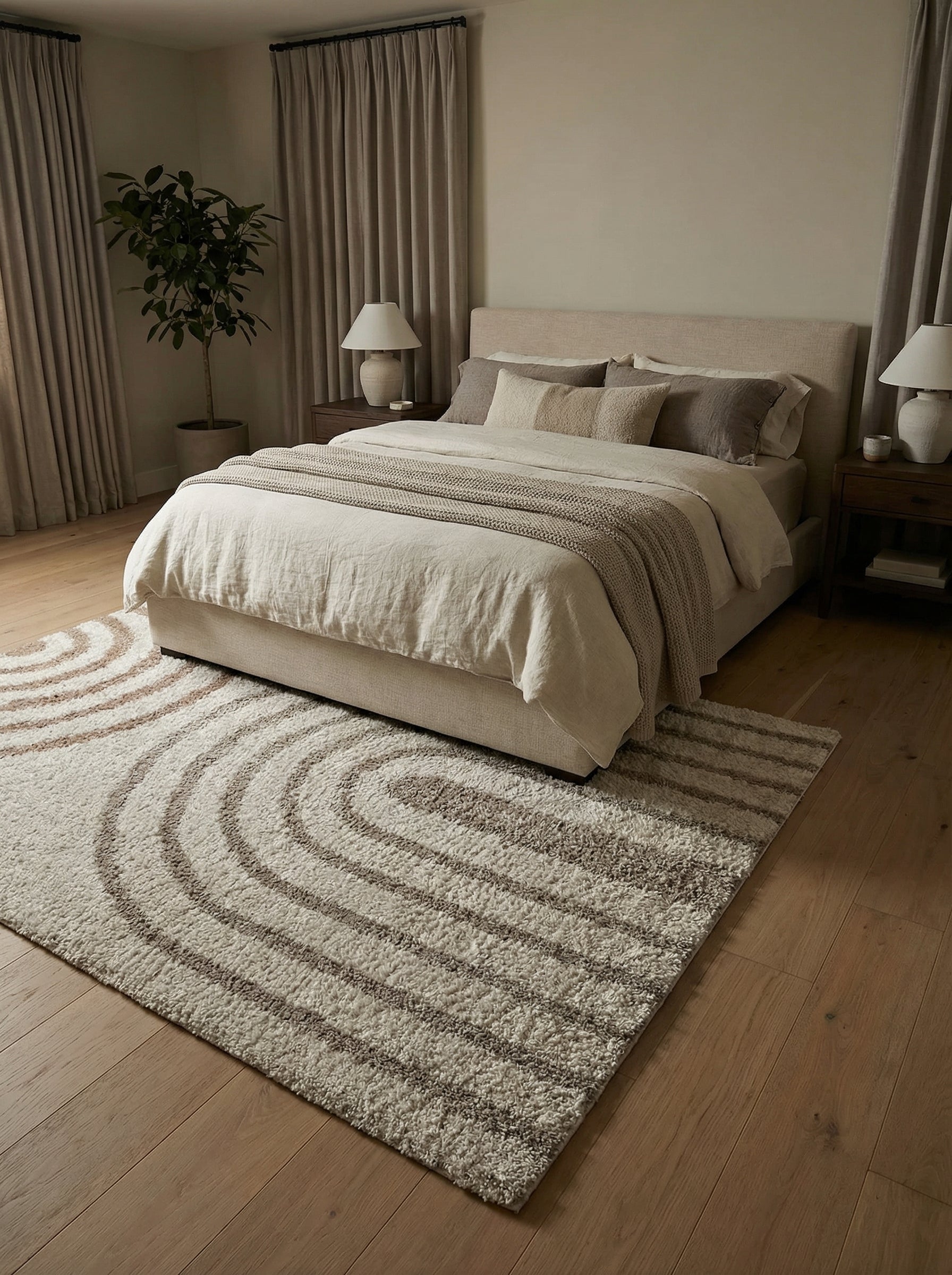Tapis rectangulaire à poils longs crème et marron clair, orné d'arcs concentriques, recouvrant le sol d'une chambre apaisante