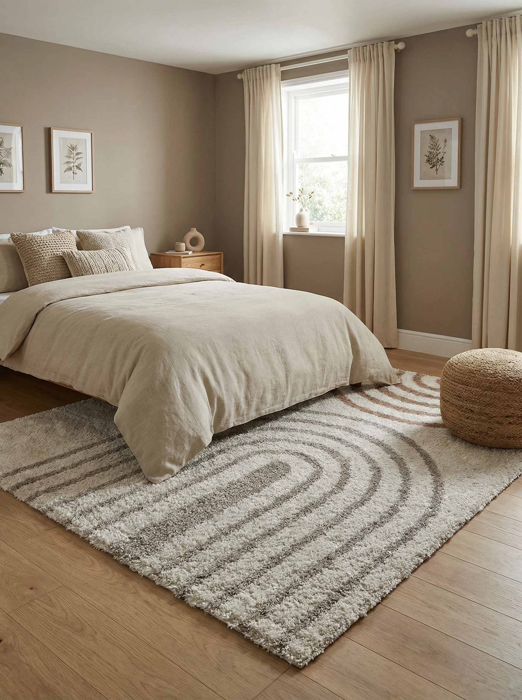 Tapis shaggy rectangulaire crème et marron clair avec motifs d'arcs concentriques, posé dans une chambre à coucher