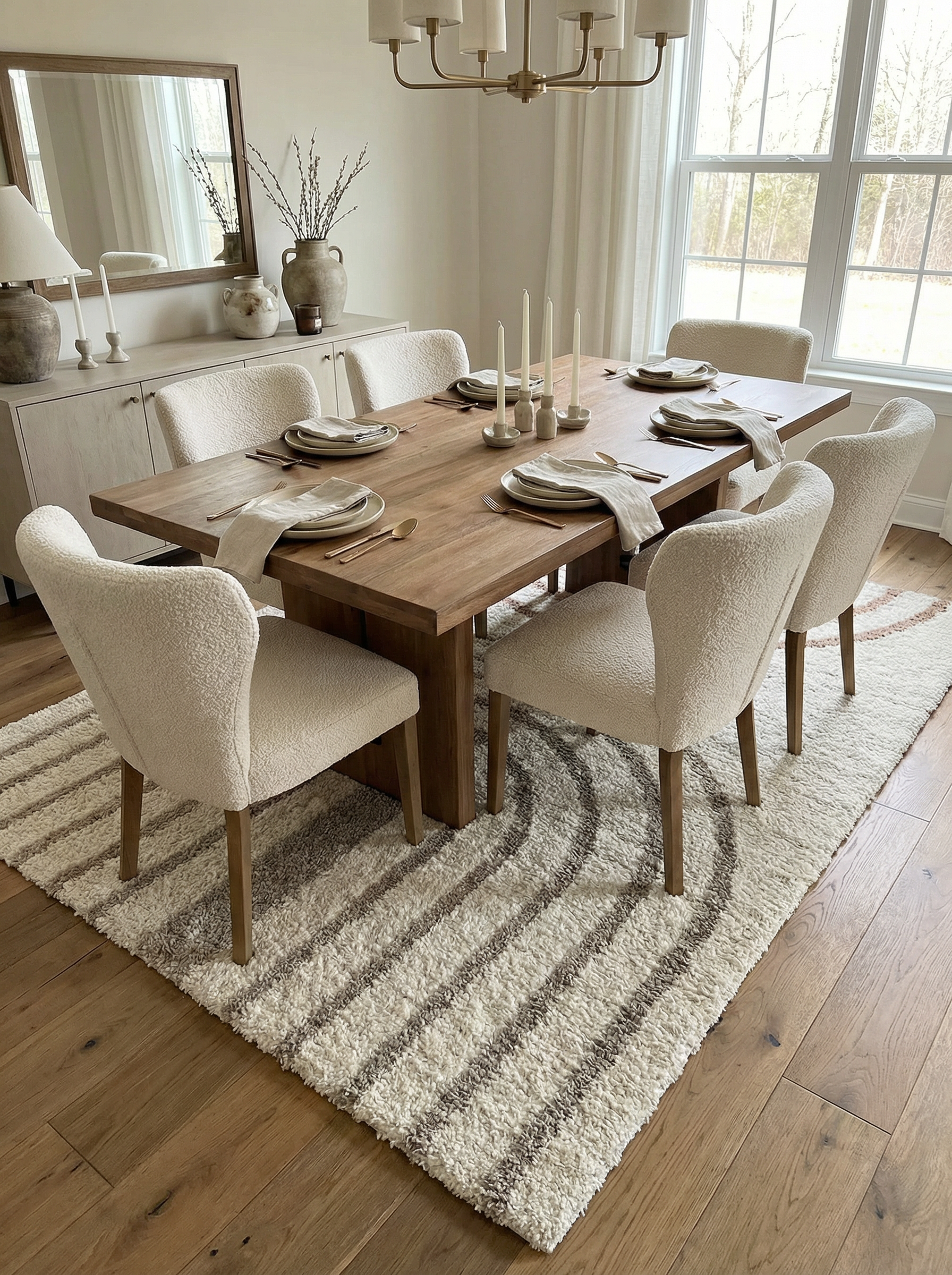 Tapis rectangulaire crème à poils longs, orné de larges rayures arquées marron et taupe, posé sous une table d'une salle à manger