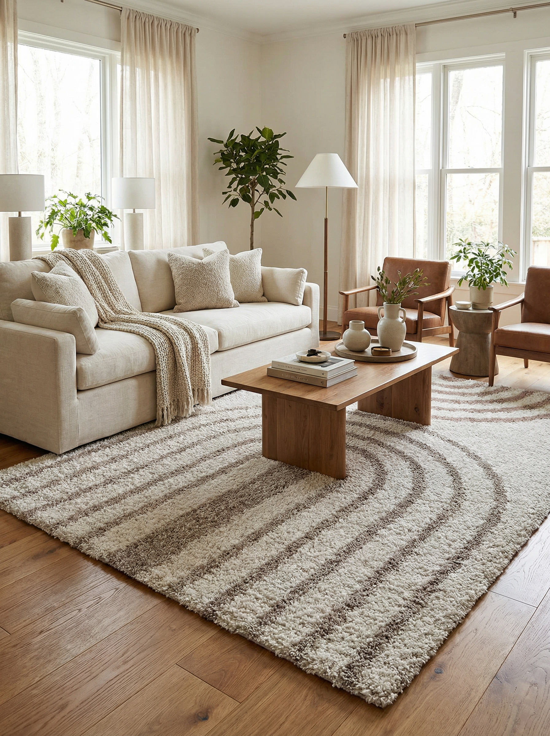 Tapis rectangulaire à poils longs crème avec des rayures marron en arc de cercle, posé sur un parquet dans un salon lumineux
