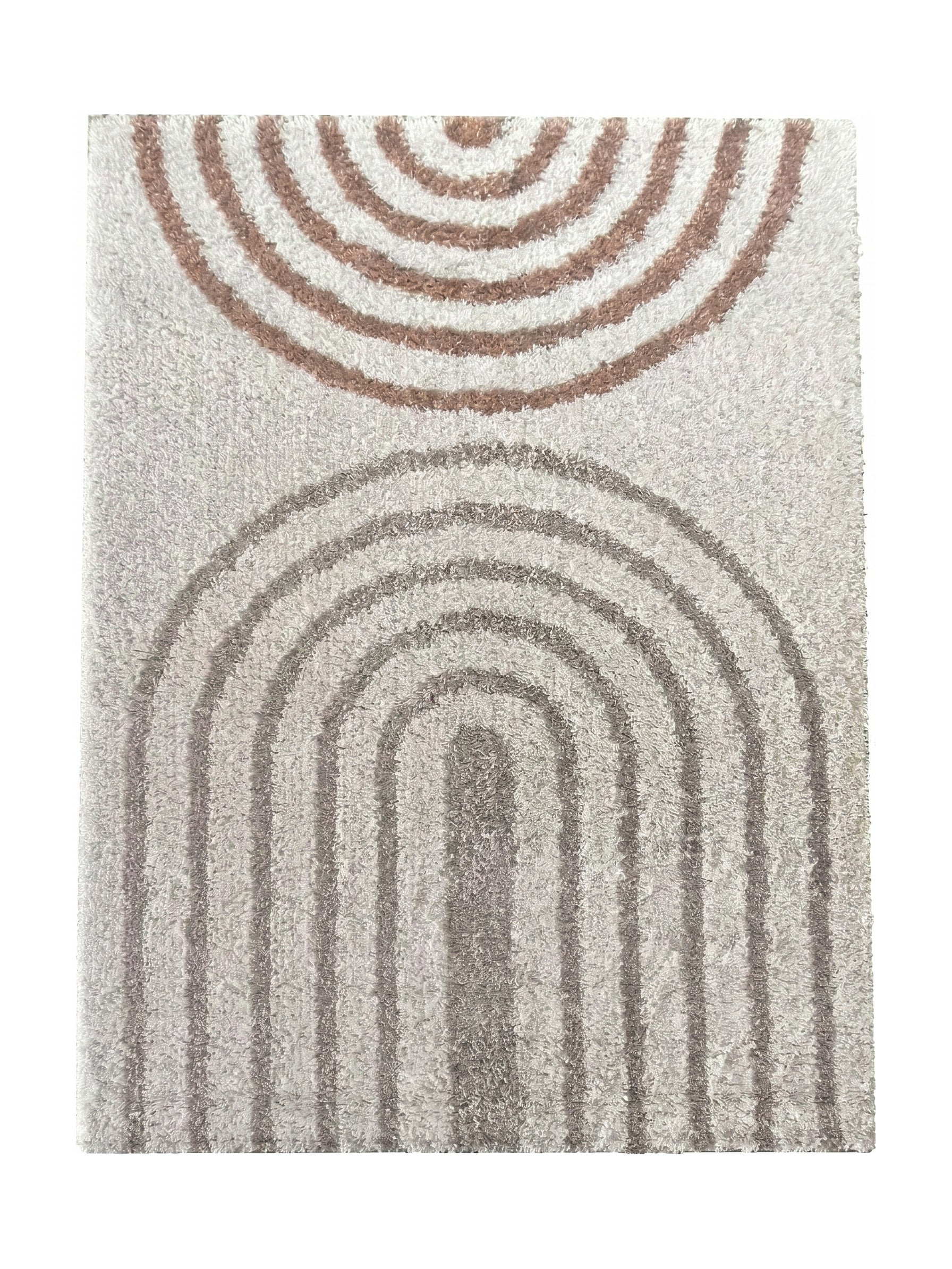 Tapis shaggy clair avec des motifs en arcs concentriques beige rosé en haut et gris-beige en bas