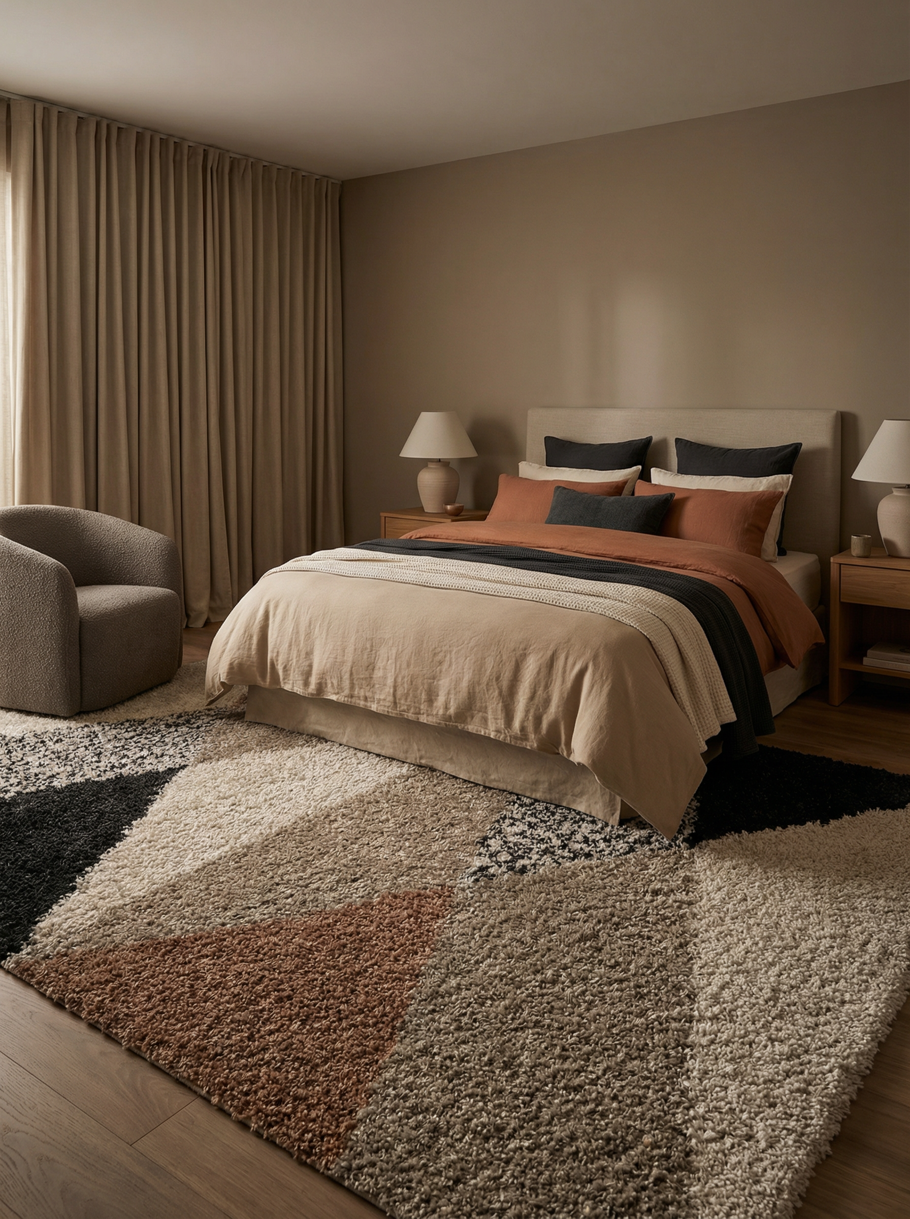 Tapis shaggy à motifs géométriques noirs, beiges, marrons et terracotta, posé sur un parquet en bois dans une chambre