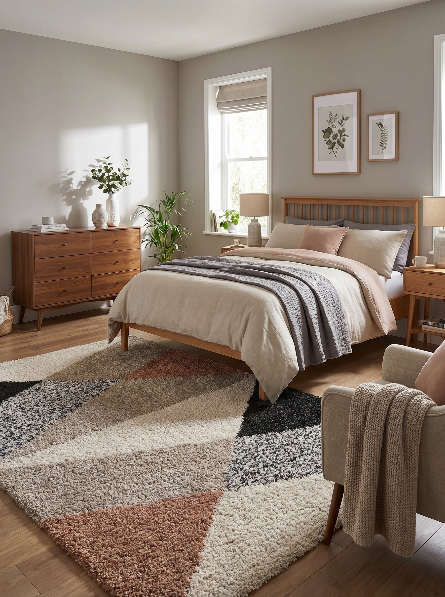 Tapis shaggy rectangulaire aux motifs géométriques de triangles crème, beige, marron et gris, posé dans une chambre