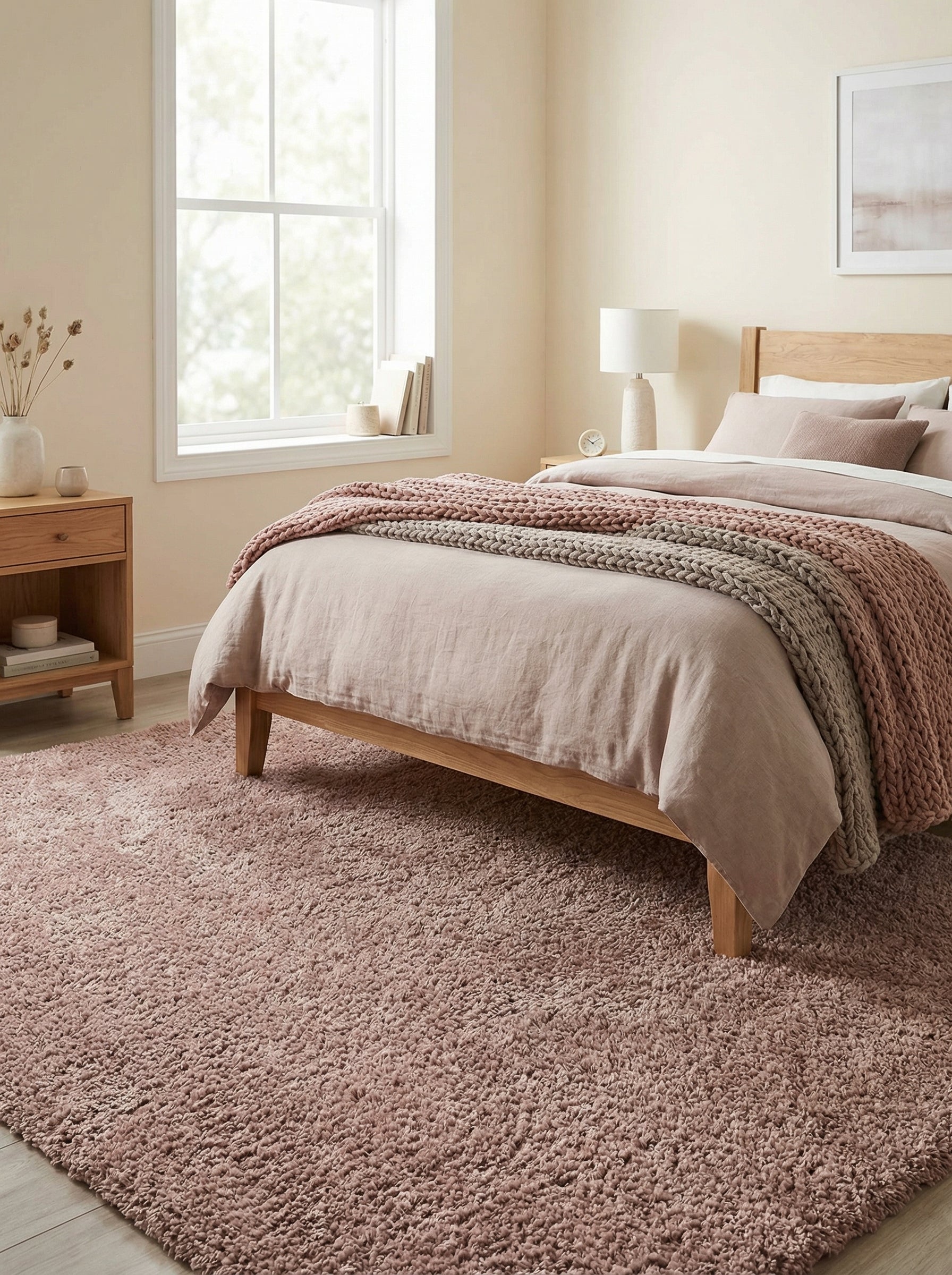 Tapis rectangulaire rose poudré, à texture shaggy et douce, posé sous un lit dans une chambre lumineuse