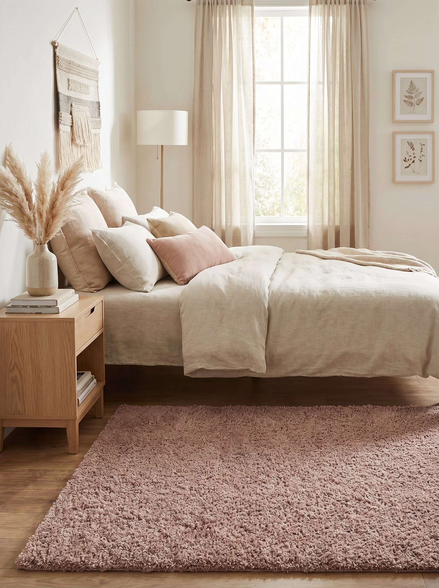 Tapis rectangulaire à poils longs rose pâle et duveteux posé sur un plancher en bois clair dans une chambre lumineuse