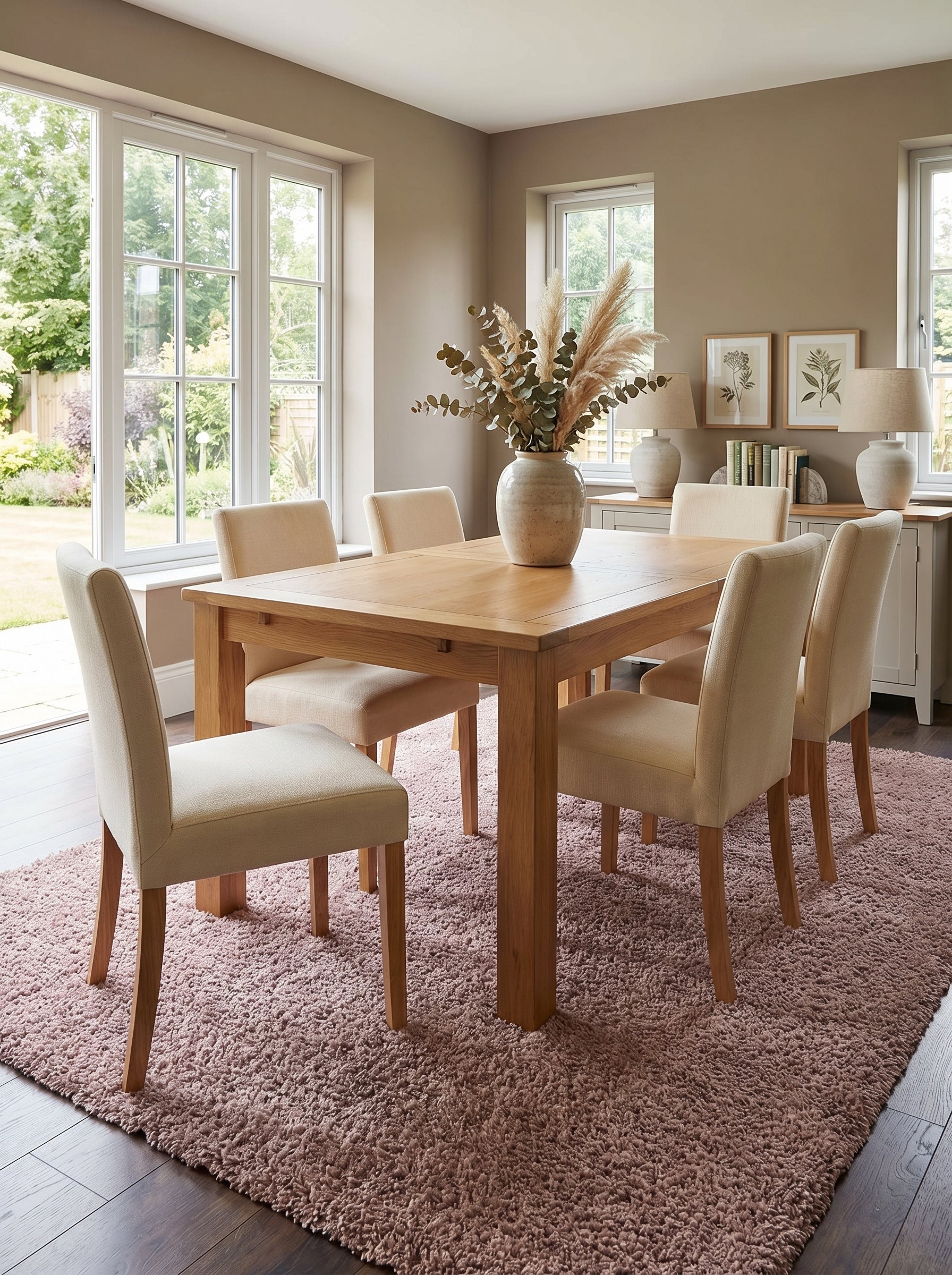 Tapis rectangulaire à poils longs rose poudré au sol d'une salle à manger avec table en bois et chaises claires