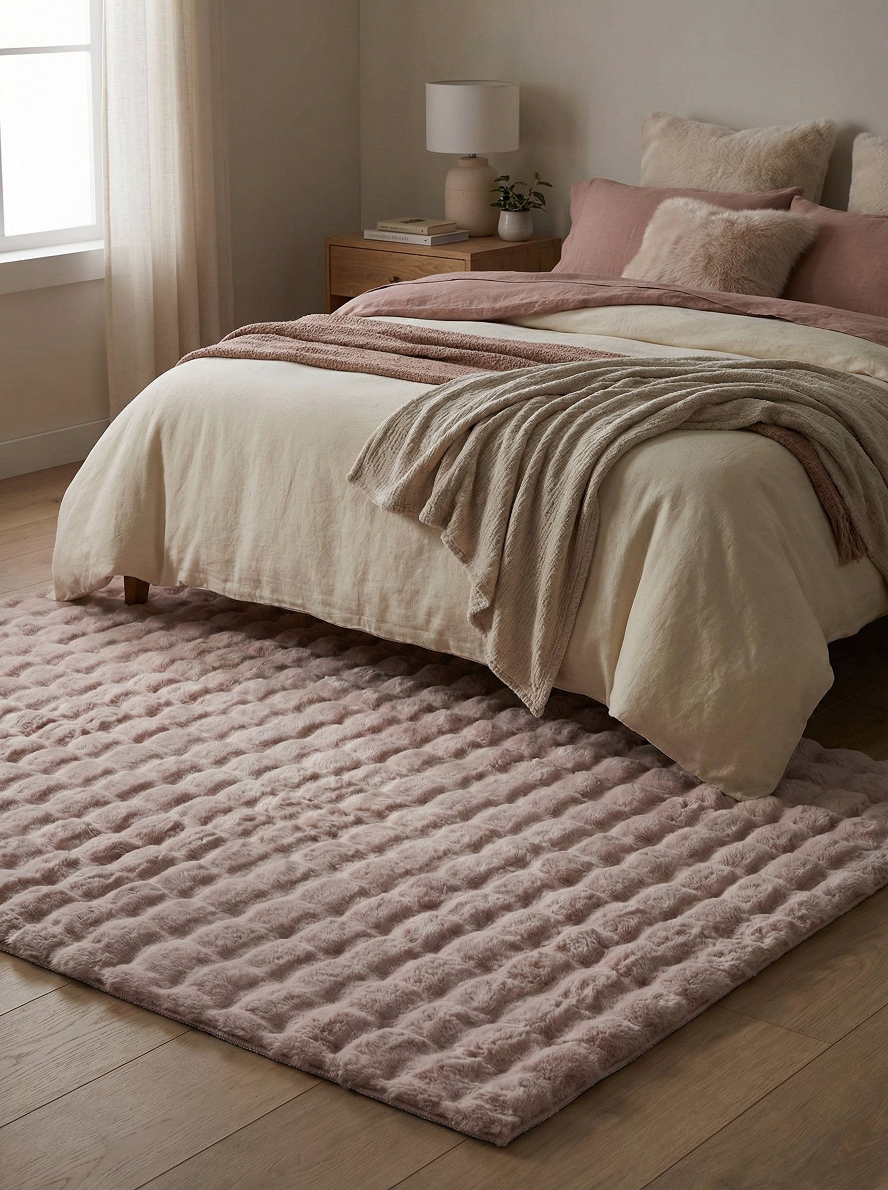 Tapis rectangulaire rose poudré en fausse fourrure douce et texturée à larges bandes horizontales, dans une chambre