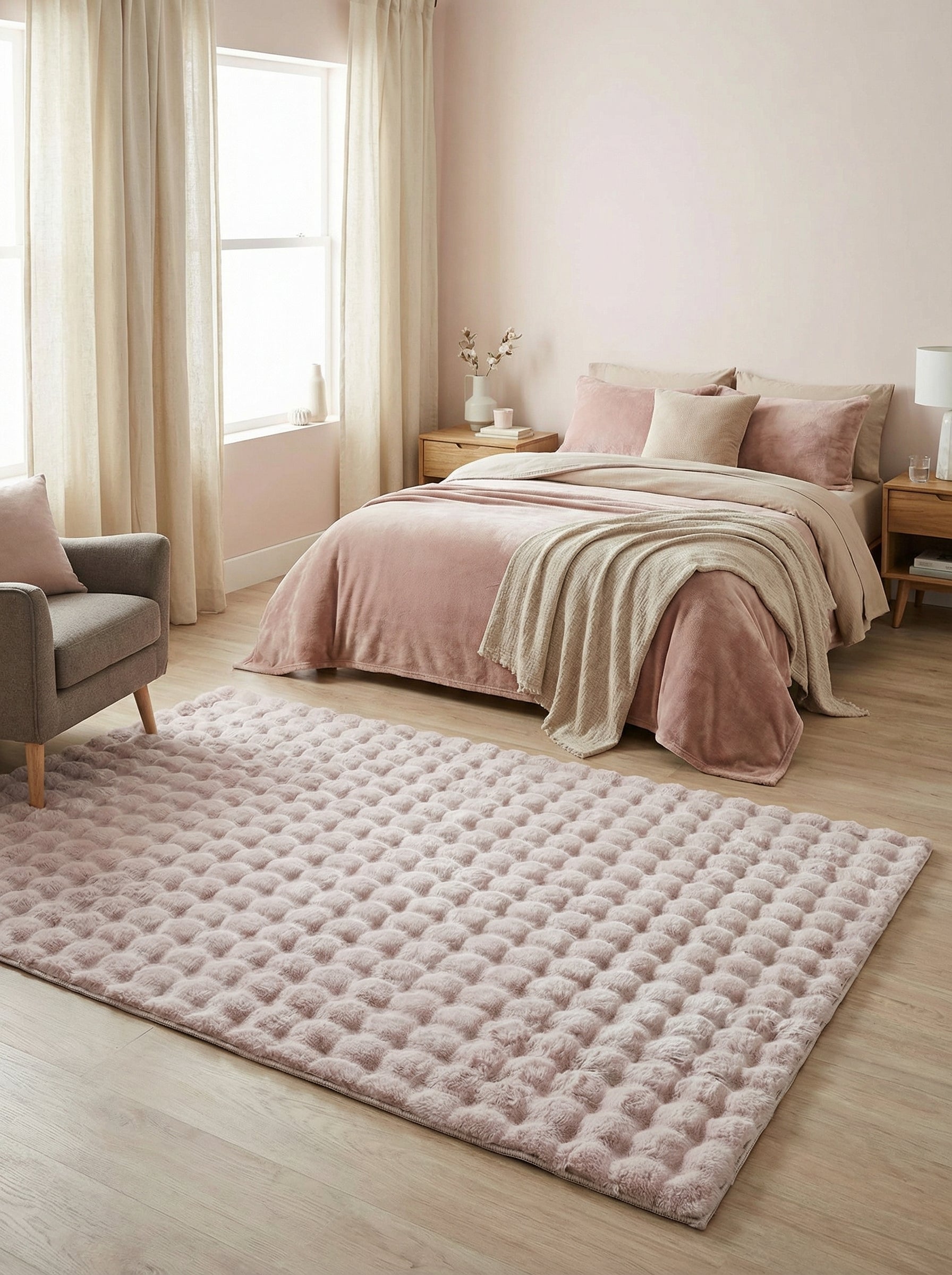 Tapis rectangulaire rose poudré, doux et moelleux, à motifs gaufrés en relief sur un sol clair dans une chambre
