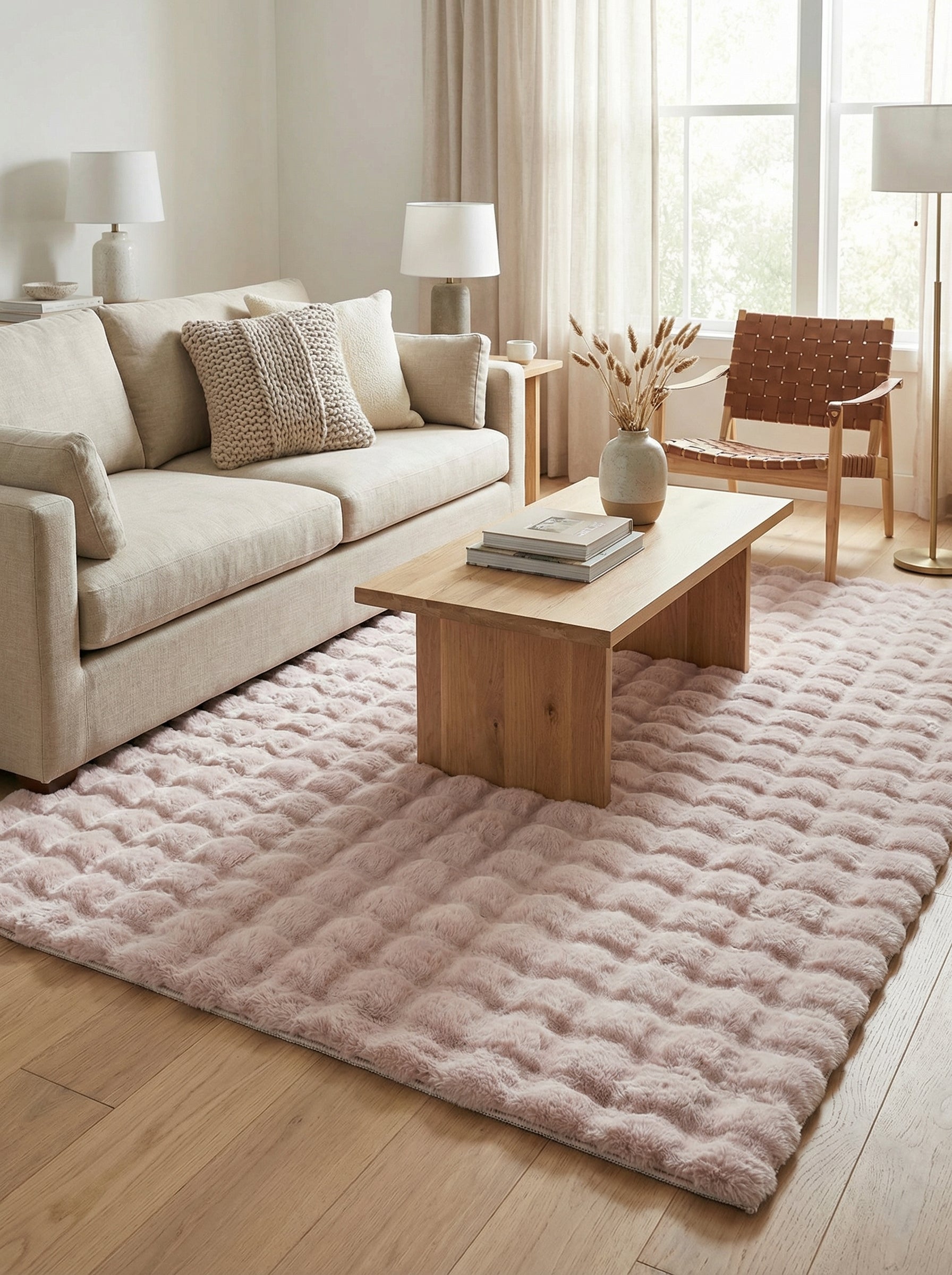 Tapis rectangulaire rose blush, doux et épais, avec un motif texturé en relief créant des ondulations dans un salon lumineux