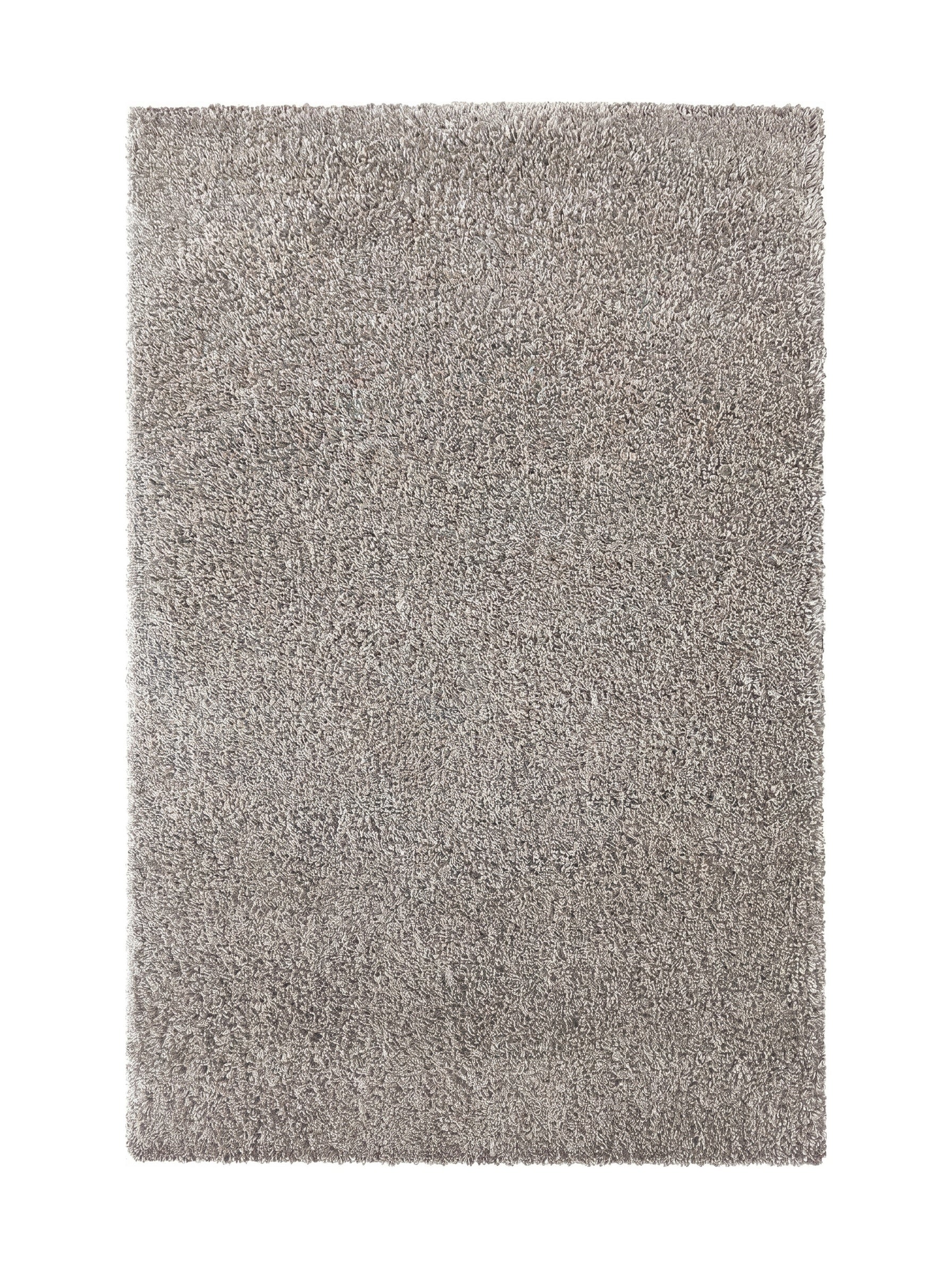 Tapis uni à poils longs et texture moelleuse, de couleur beige-gris clair, offrant une apparence douce et confortable