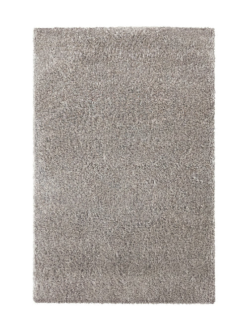 Tapis uni à poils longs et texture moelleuse, de couleur beige-gris clair, offrant une apparence douce et confortable