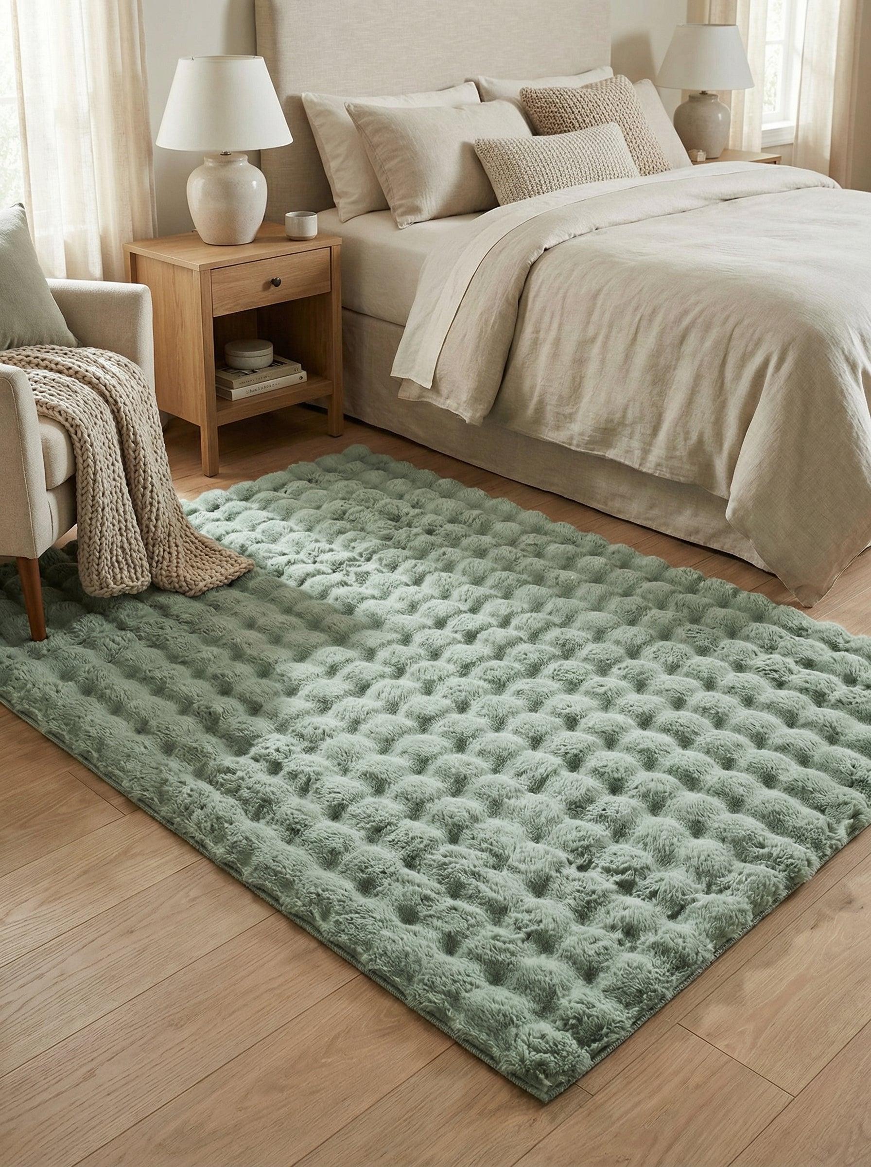 Tapis rectangulaire vert menthe, moelleux et texturé avec des motifs en relief, sur un parquet clair dans une chambre